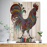 2017 Colored Patterns Rooster - Farmhouse Animal Painting Print on Natural Pine Wood - 15x20