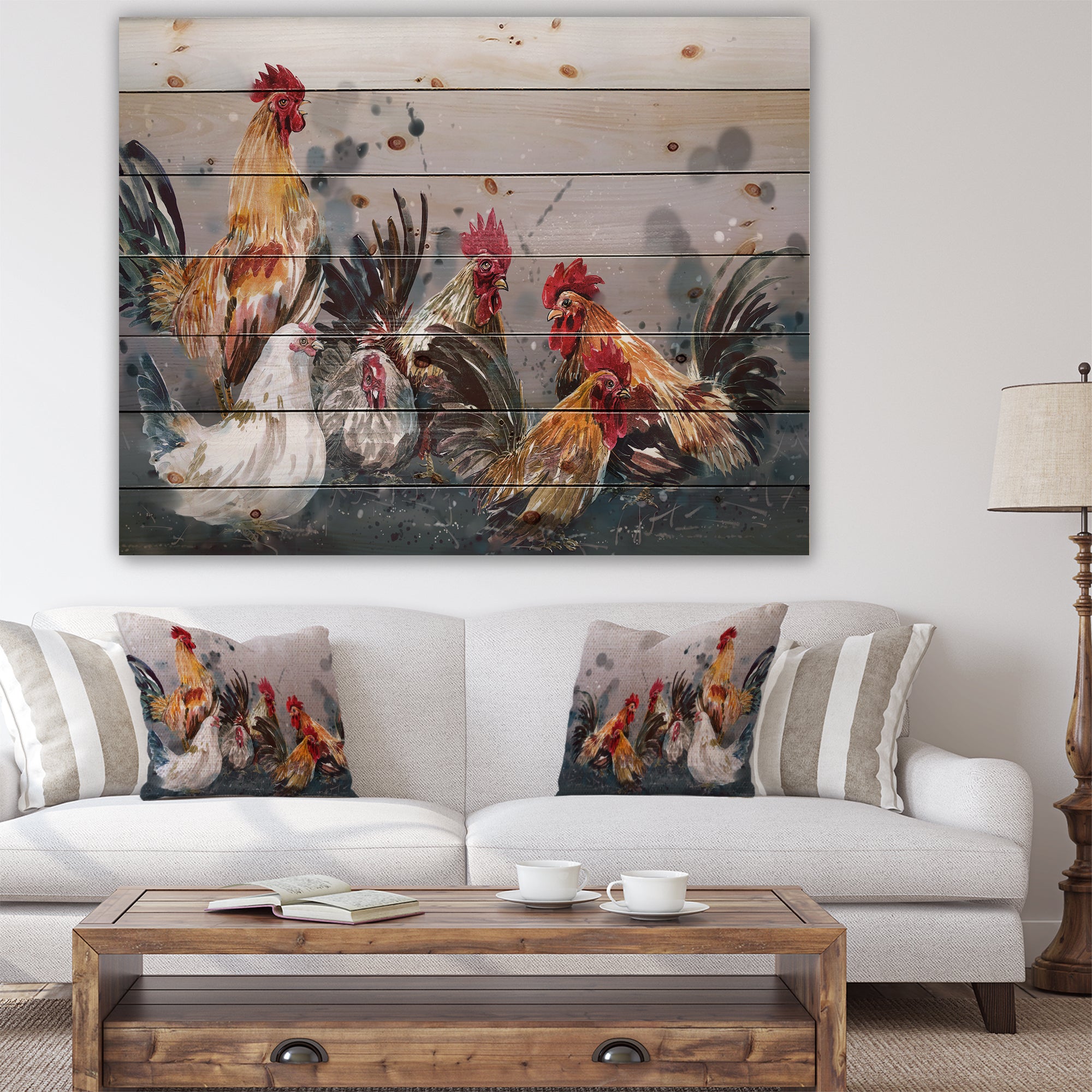 Group of Rooster in Gray Farm background - Farmhouse Animal Painting Print on Natural Pine Wood - 20x15