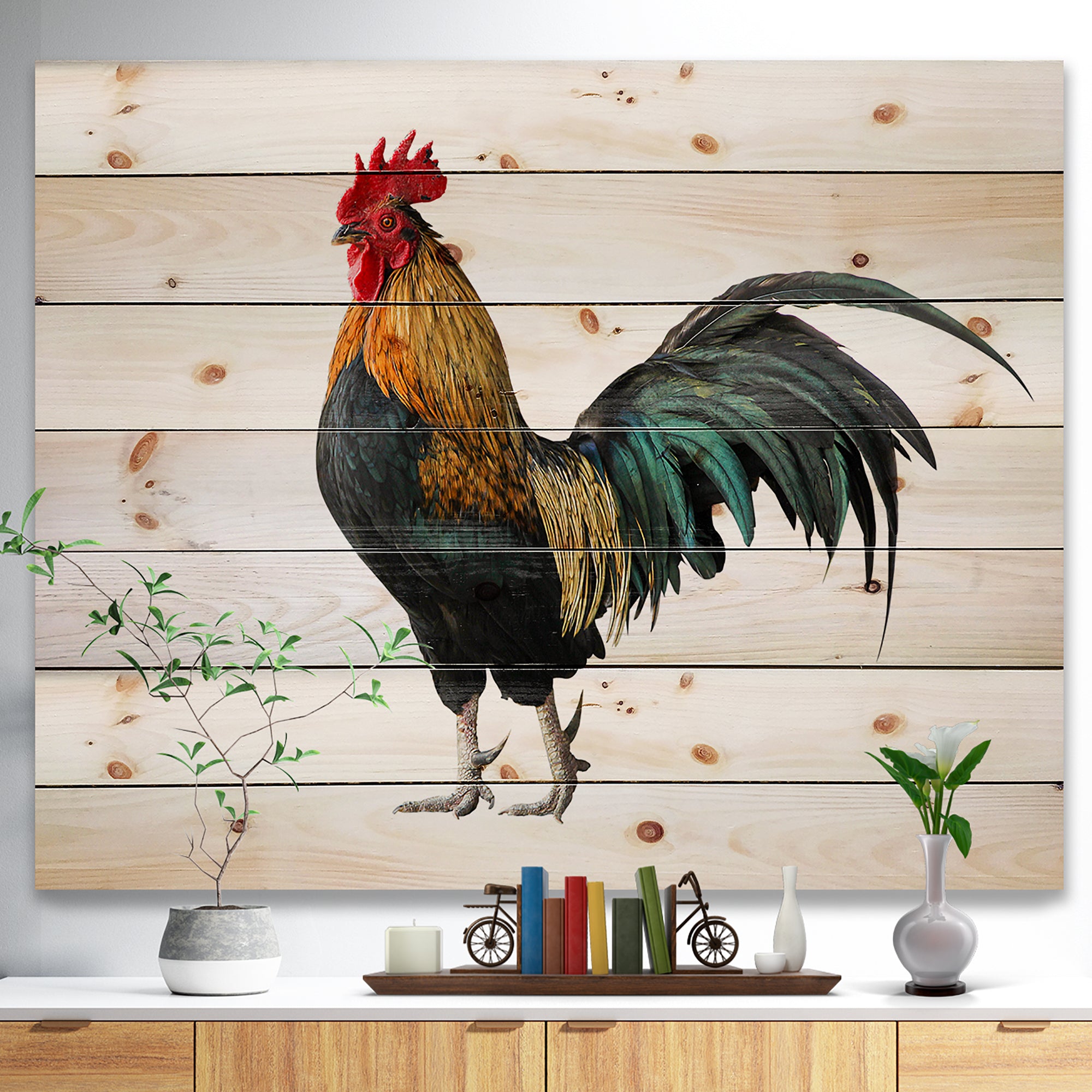 chicken rooster -  Farmhouse Animals of Painting Print on Natural Pine Wood - 20x15