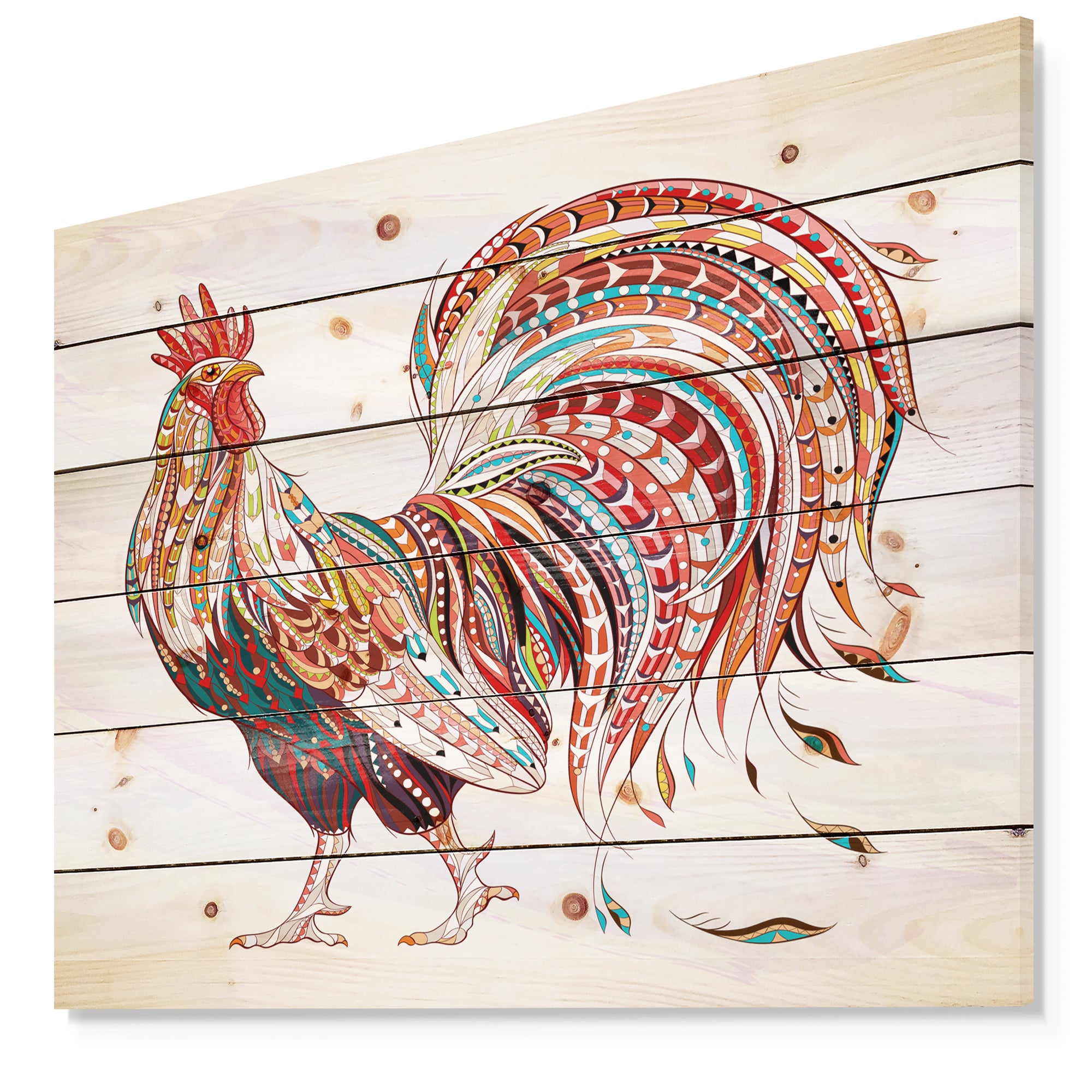 Patterned rooster Symbol of chinese new year -  Farmhouse Animals of Painting Print on Natural Pine Wood - 20x15