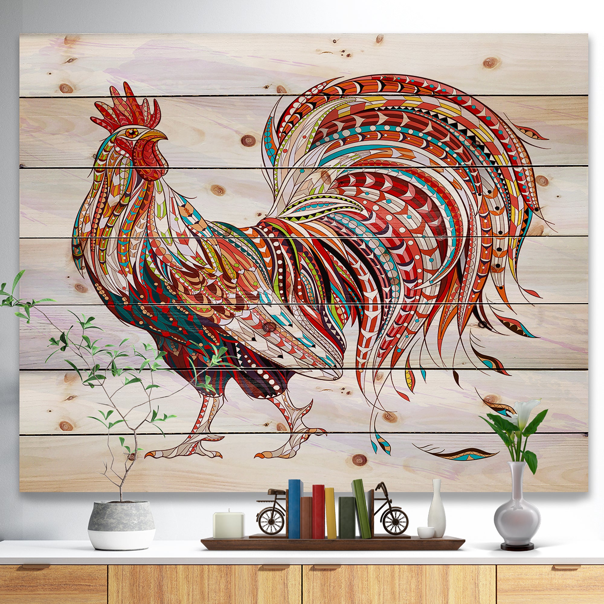 Patterned rooster Symbol of chinese new year -  Farmhouse Animals of Painting Print on Natural Pine Wood - 20x15