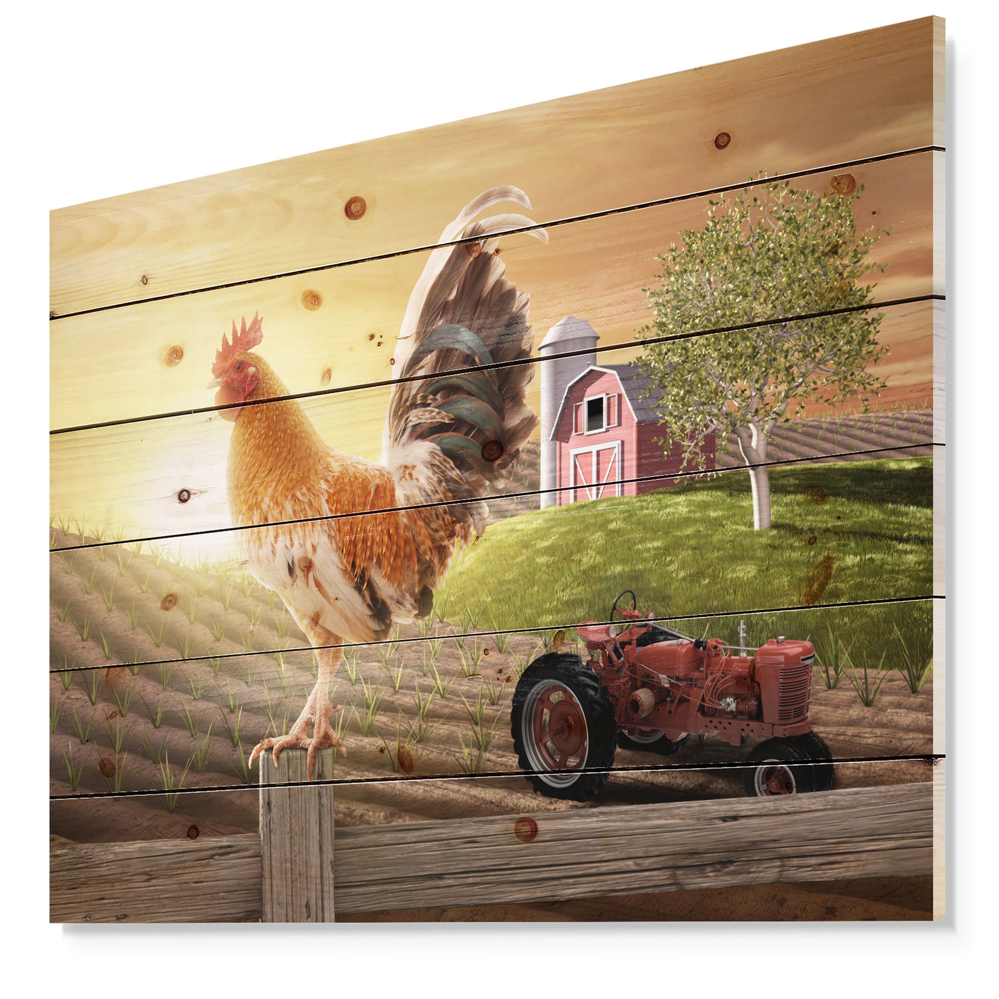 Country Farm Morning - Farmhouse Animal Painting Print on Natural Pine Wood - 20x15