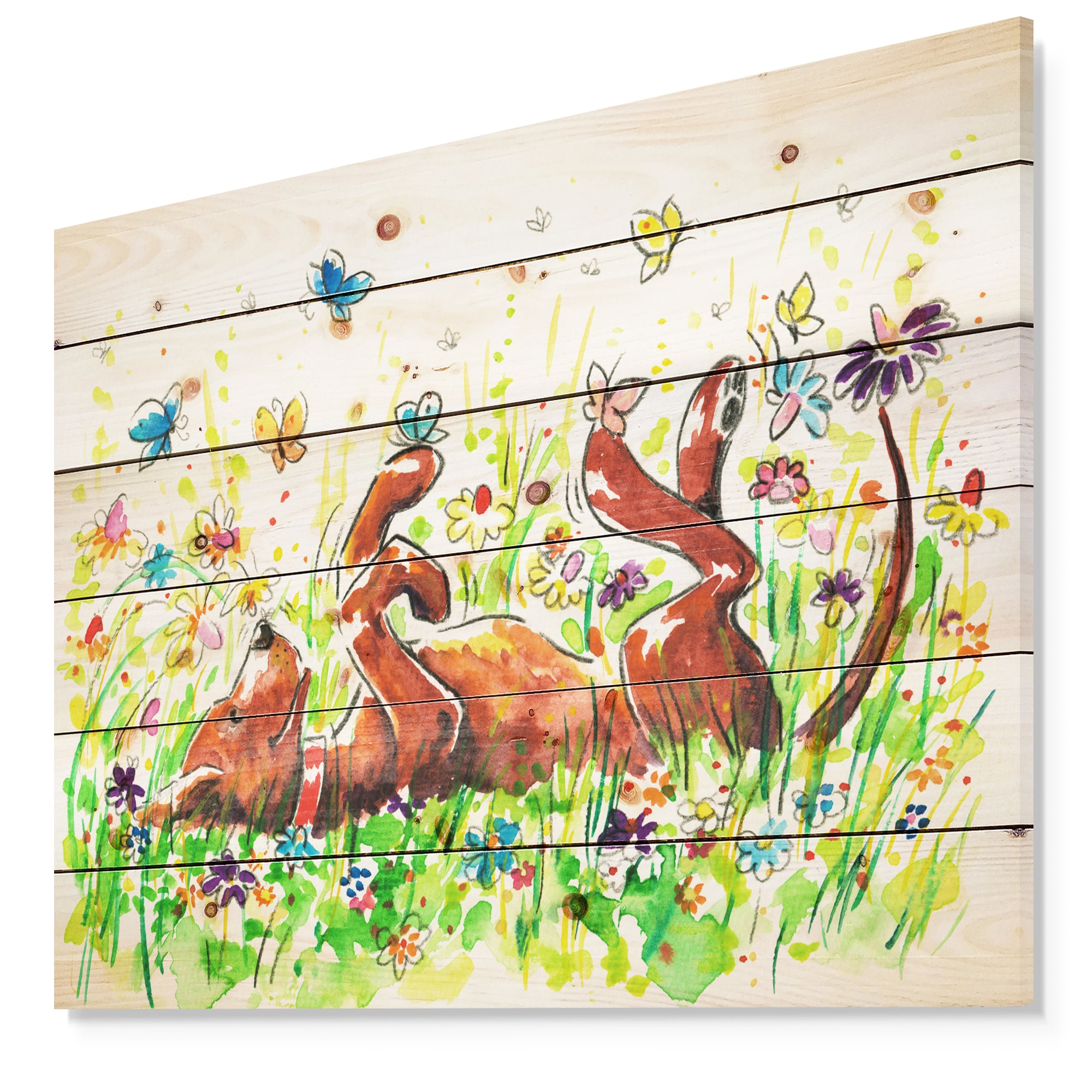 Happy Brown dog with Flowers and Butterfly - Animals Painting Print on Natural Pine Wood - 20x15