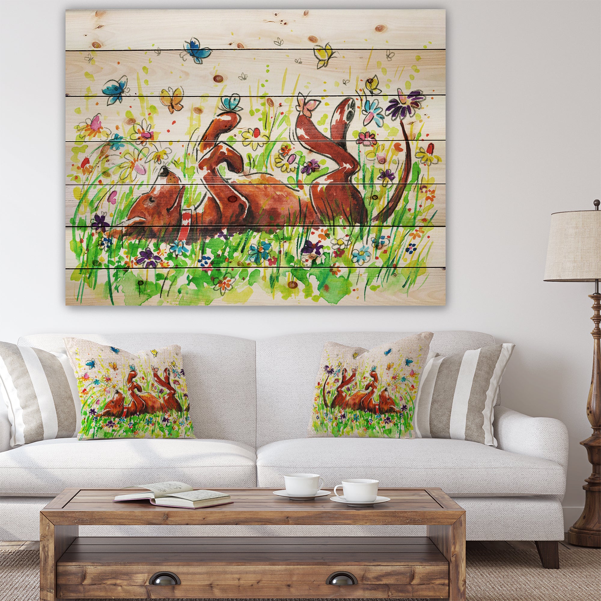 Happy Brown dog with Flowers and Butterfly - Animals Painting Print on Natural Pine Wood - 20x15