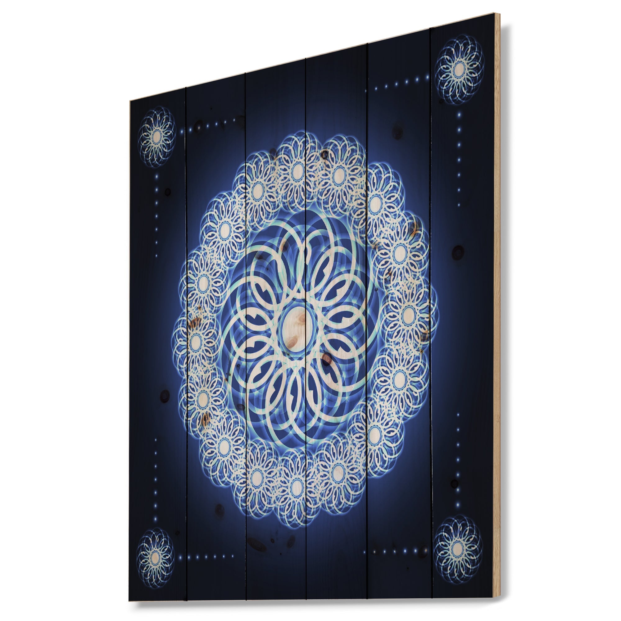 Abstract fractal flower in Blue Background - Digital Art Print on Natural Pine Wood
