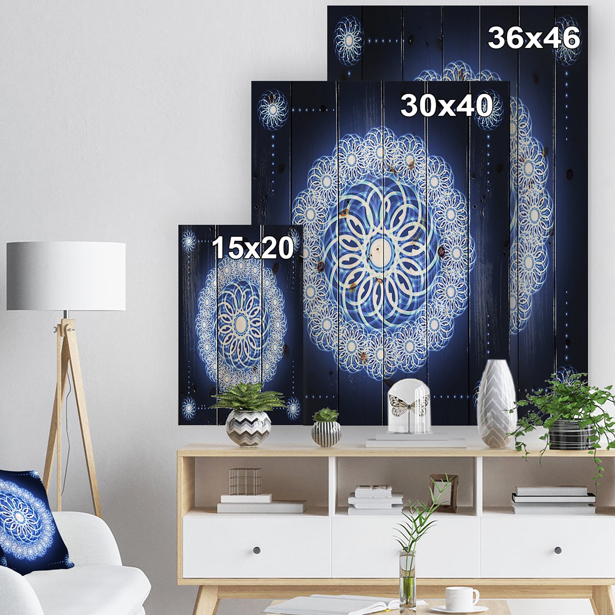 Abstract fractal flower in Blue Background - Digital Art Print on Natural Pine Wood