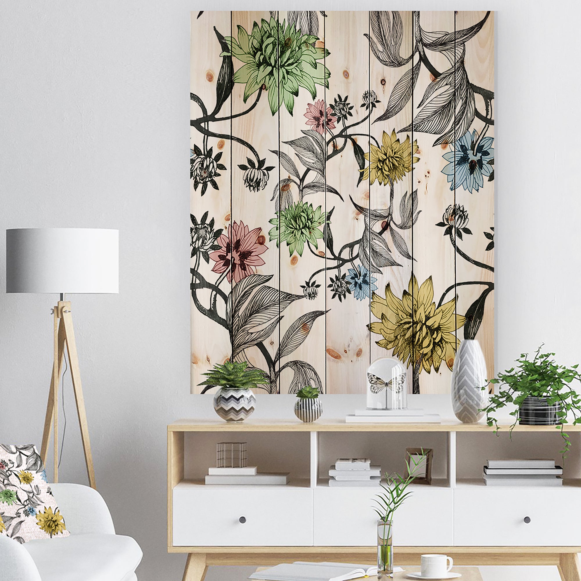 Hand drawn summer flowers - Floral Painting Print on Natural Pine Wood - 15x20