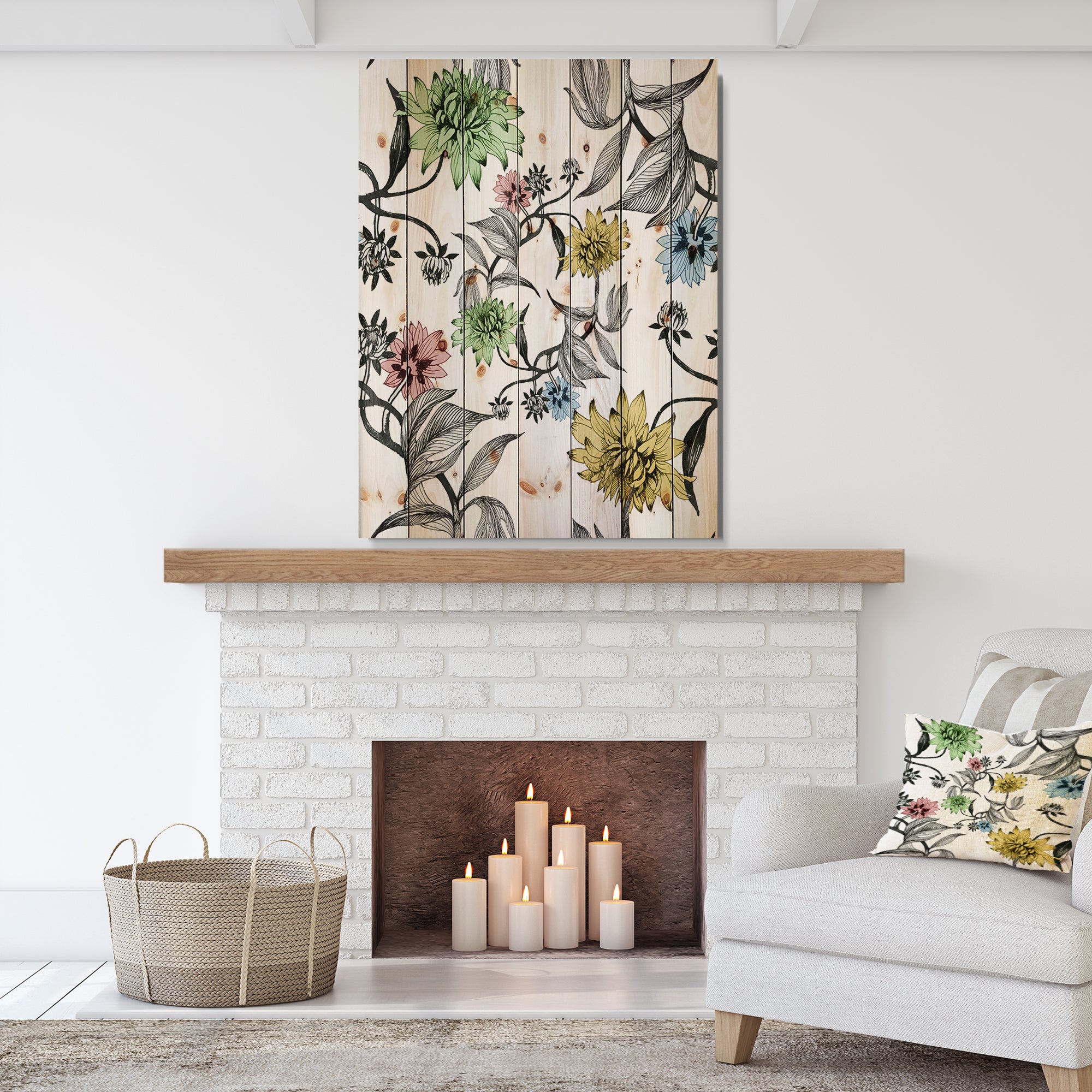 Hand drawn summer flowers - Floral Painting Print on Natural Pine Wood - 15x20