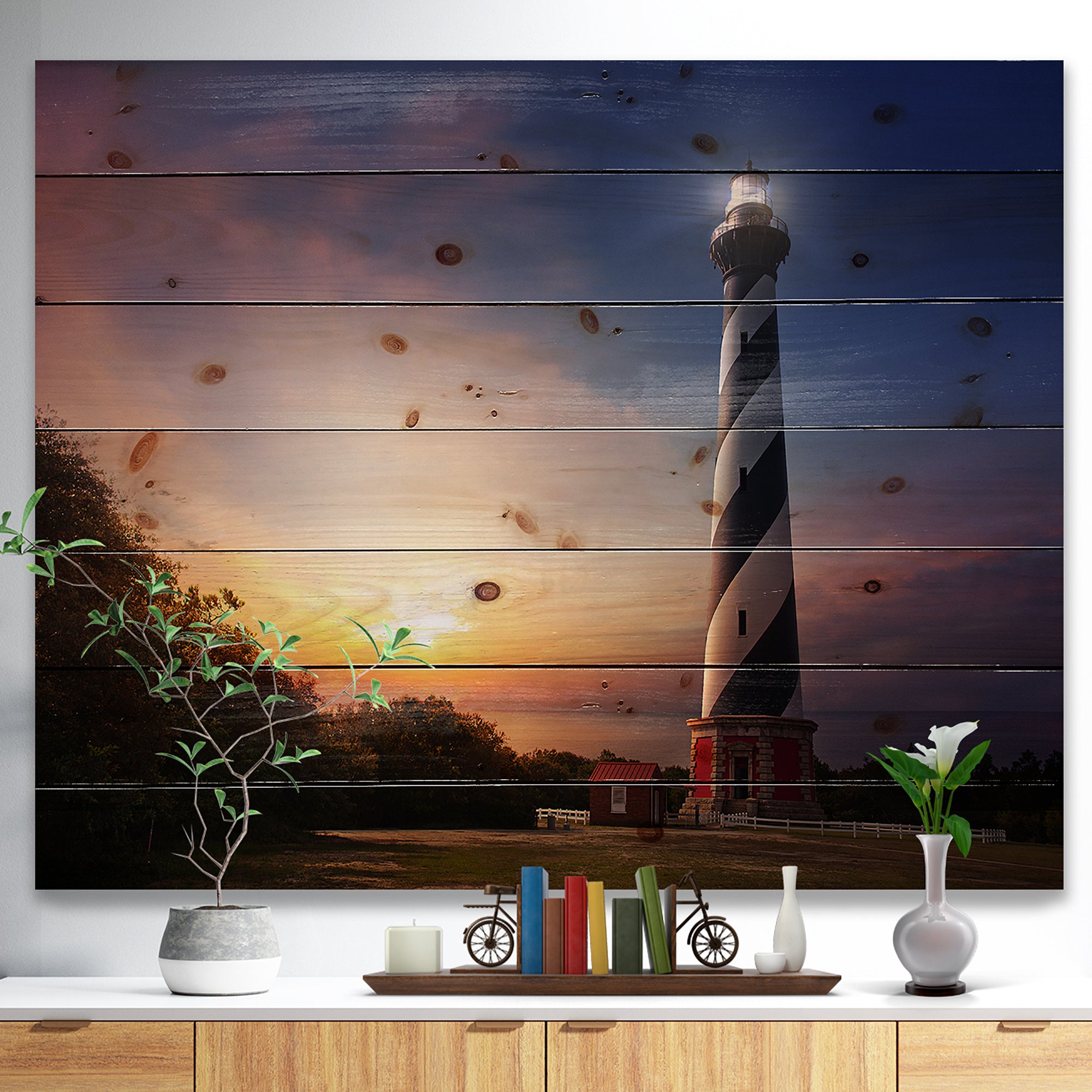 Cape Hatteras - Sea & Shore Nautical Print on Natural Pine Wood - 20x15
