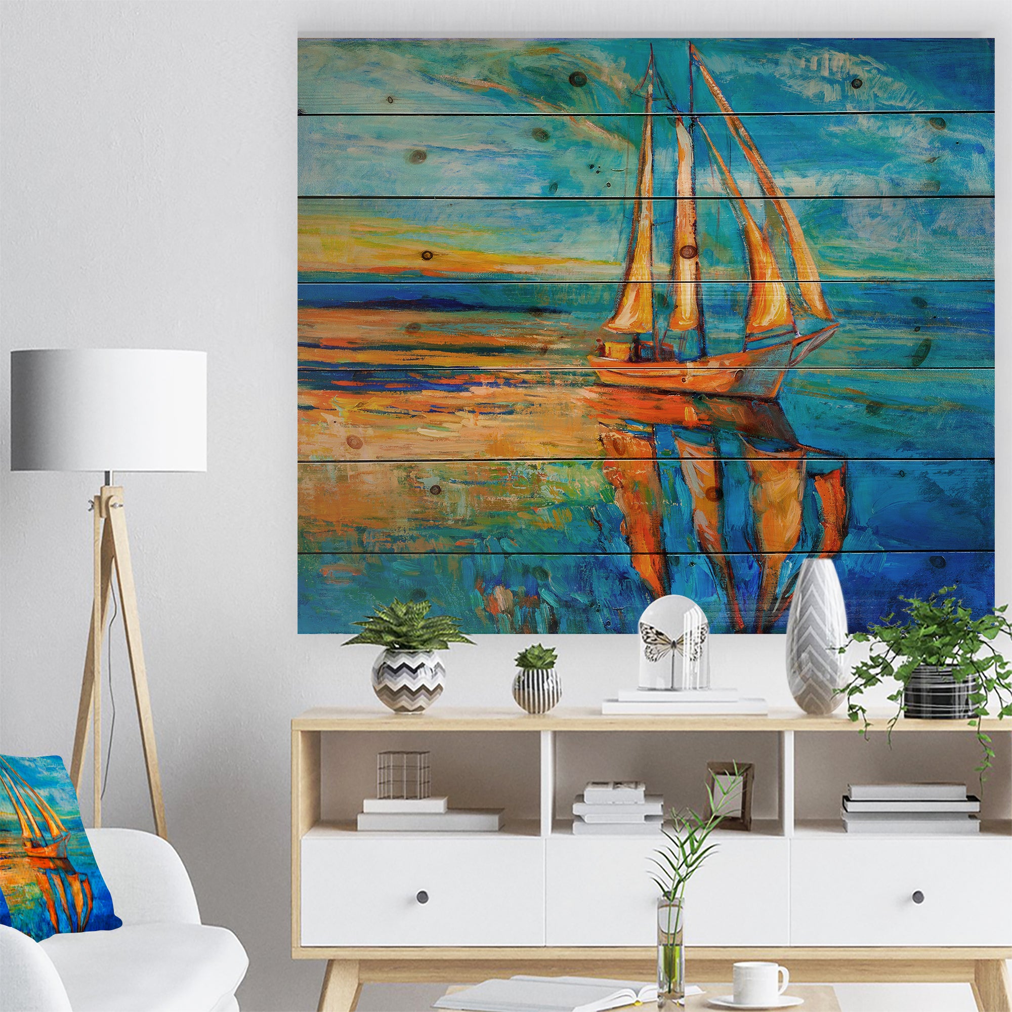 Sail Ship at Sunset in Blue Sky - Sea & Shore Painting Print on Natural Pine Wood - 20x15