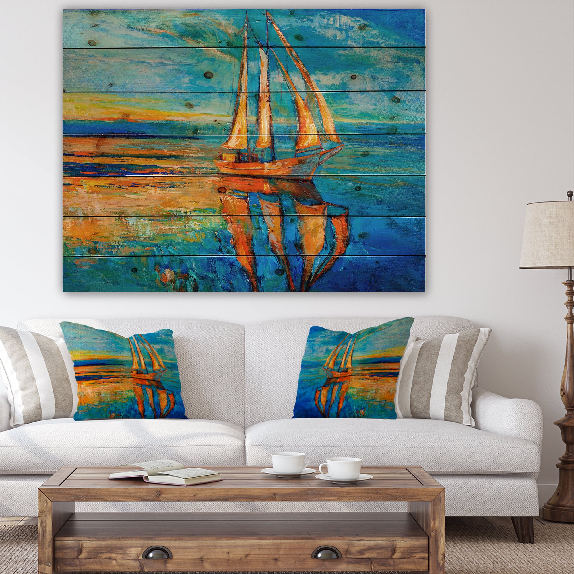 Sail Ship at Sunset in Blue Sky - Sea & Shore Painting Print on Natural Pine Wood - 20x15