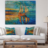 Sail Ship at Sunset in Blue Sky - Sea & Shore Painting Print on Natural Pine Wood - 20x15