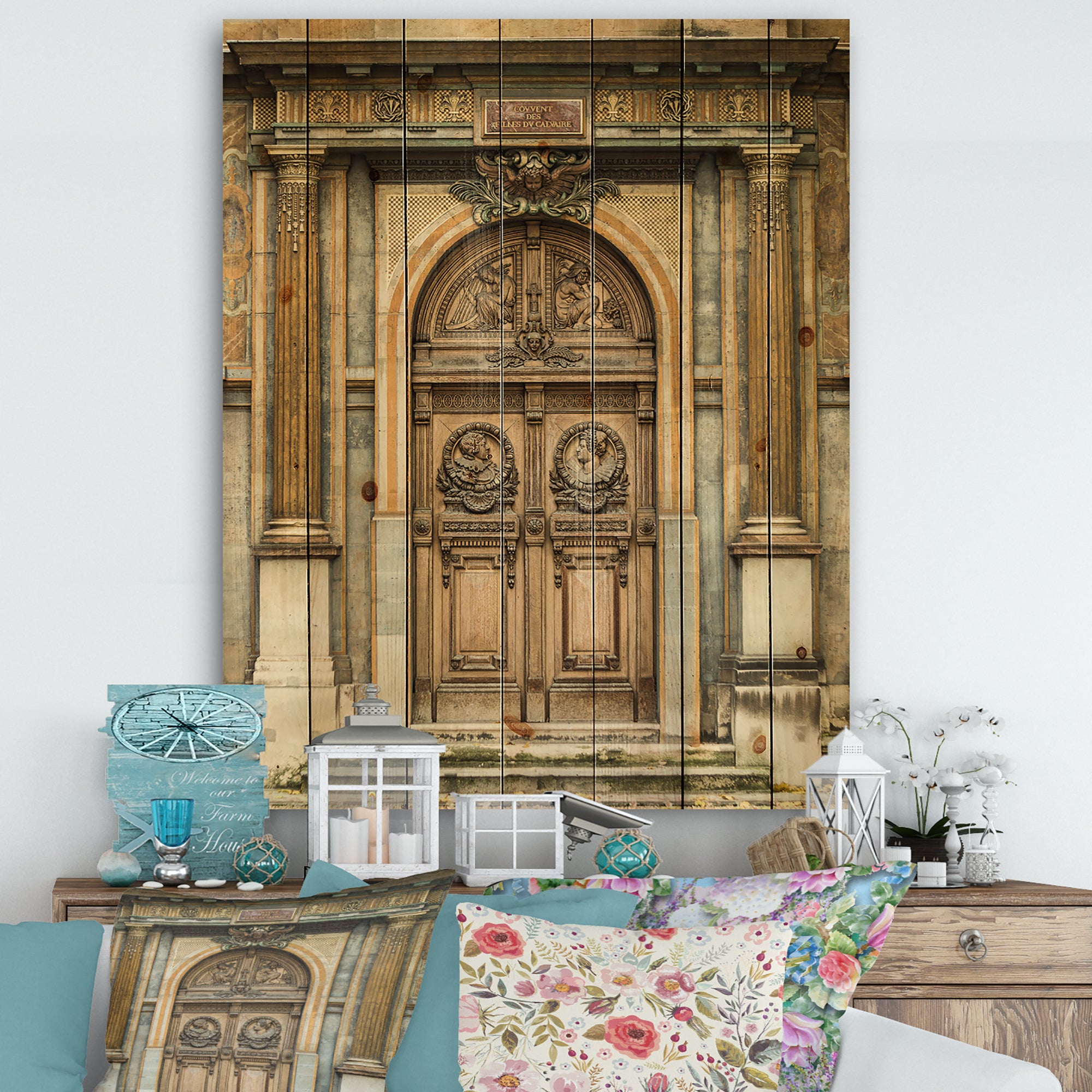 Designart 'Old Wooden Door With Carvings in Paris, France' Vintage Print on Natural Pine Wood - 15x20