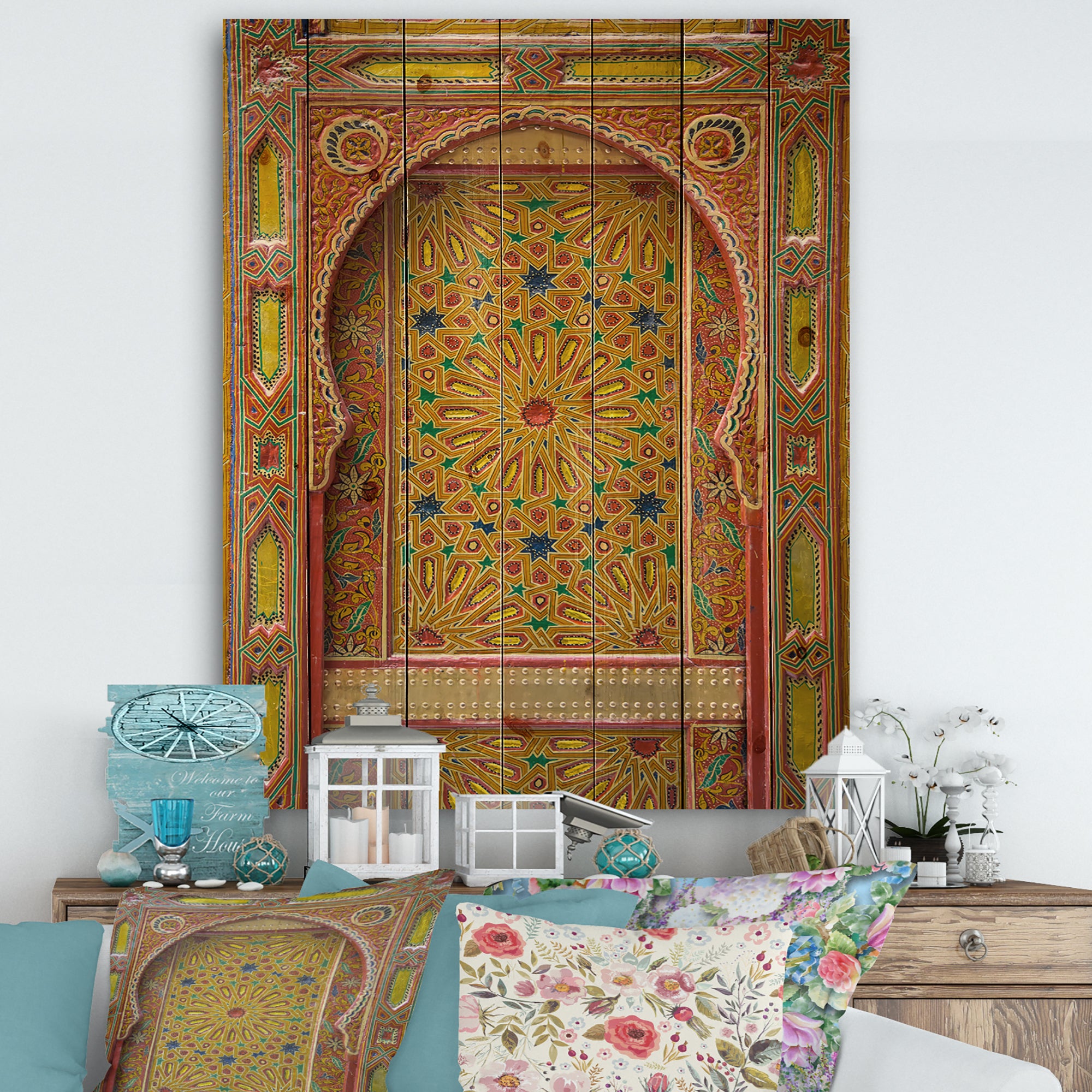 Designart 'Moroccan Entrance Door in Fez' Vintage Print on Natural Pine Wood - 15x20