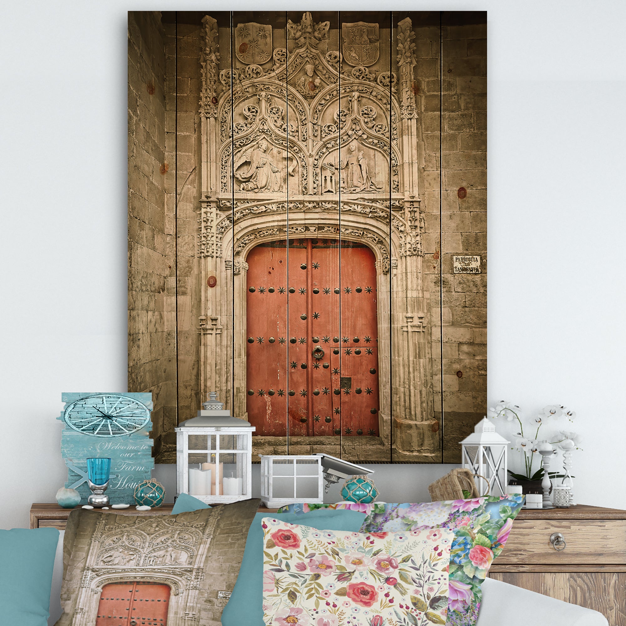 Designart 'Old Red Church Door in Salamanca Spain' Vintage Print on Natural Pine Wood - 15x20