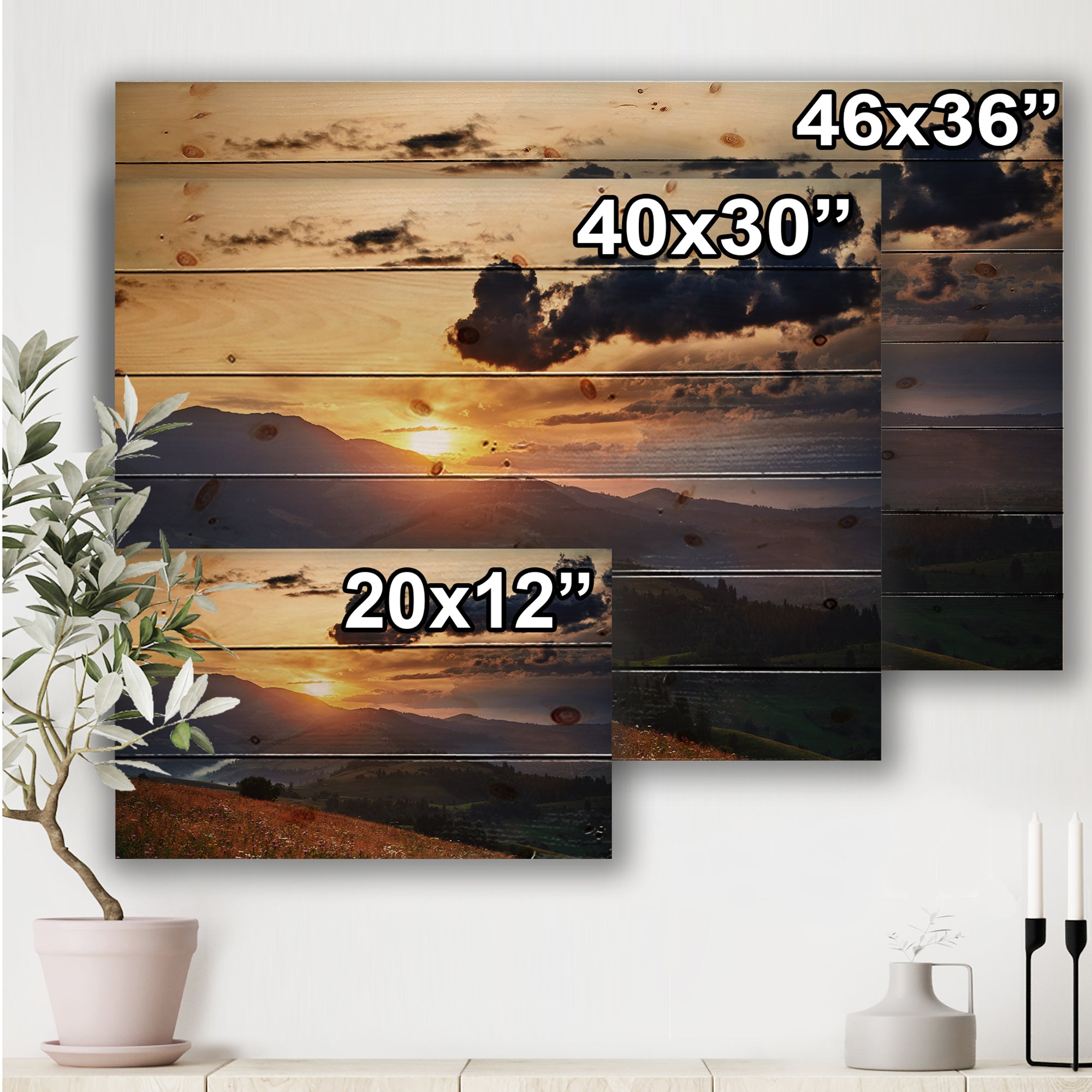 Wildflowers Meadow And Golden Sunset In Carpathian Mountains - Traditional Print on Natural Pine Wood