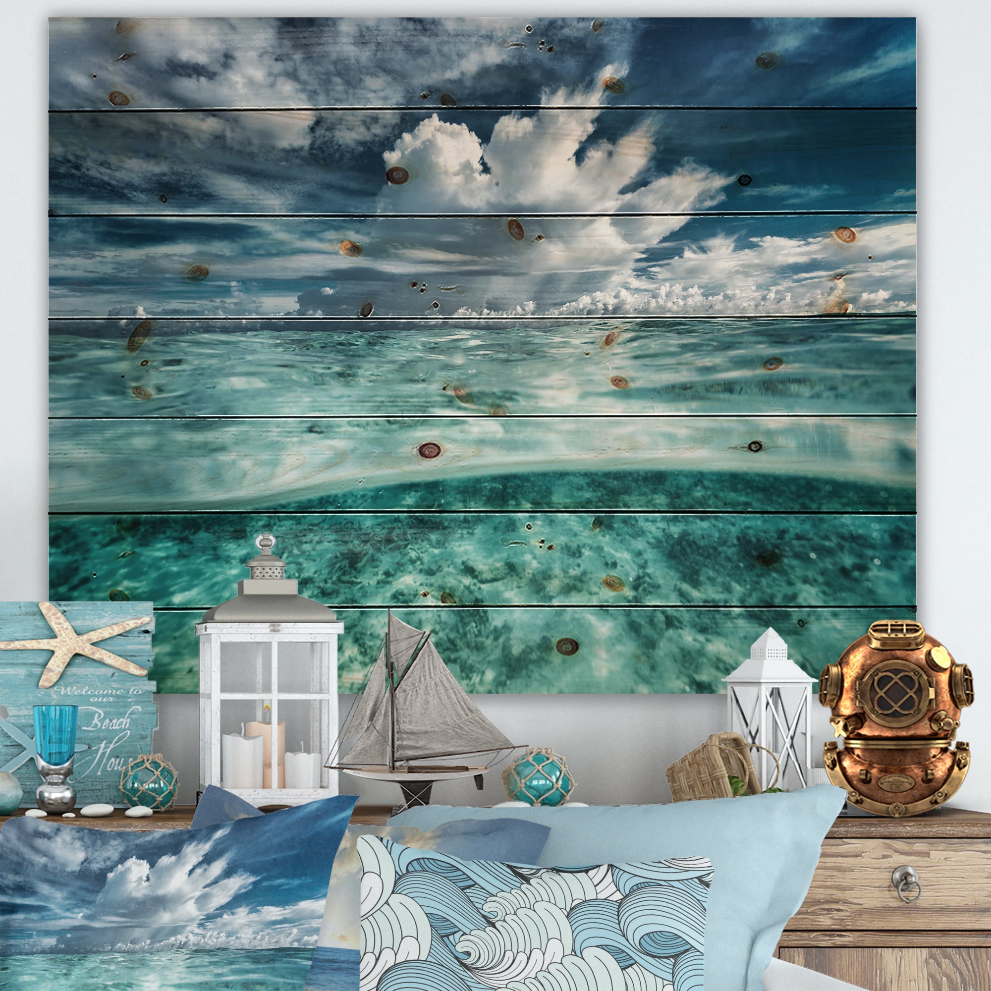 Amazing Underwater Seascape And Clouds - Nautical & Coastal Print on Natural Pine Wood