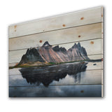 MountaIn Cliffs Reflected on Lake - Traditional Print on Natural Pine Wood
