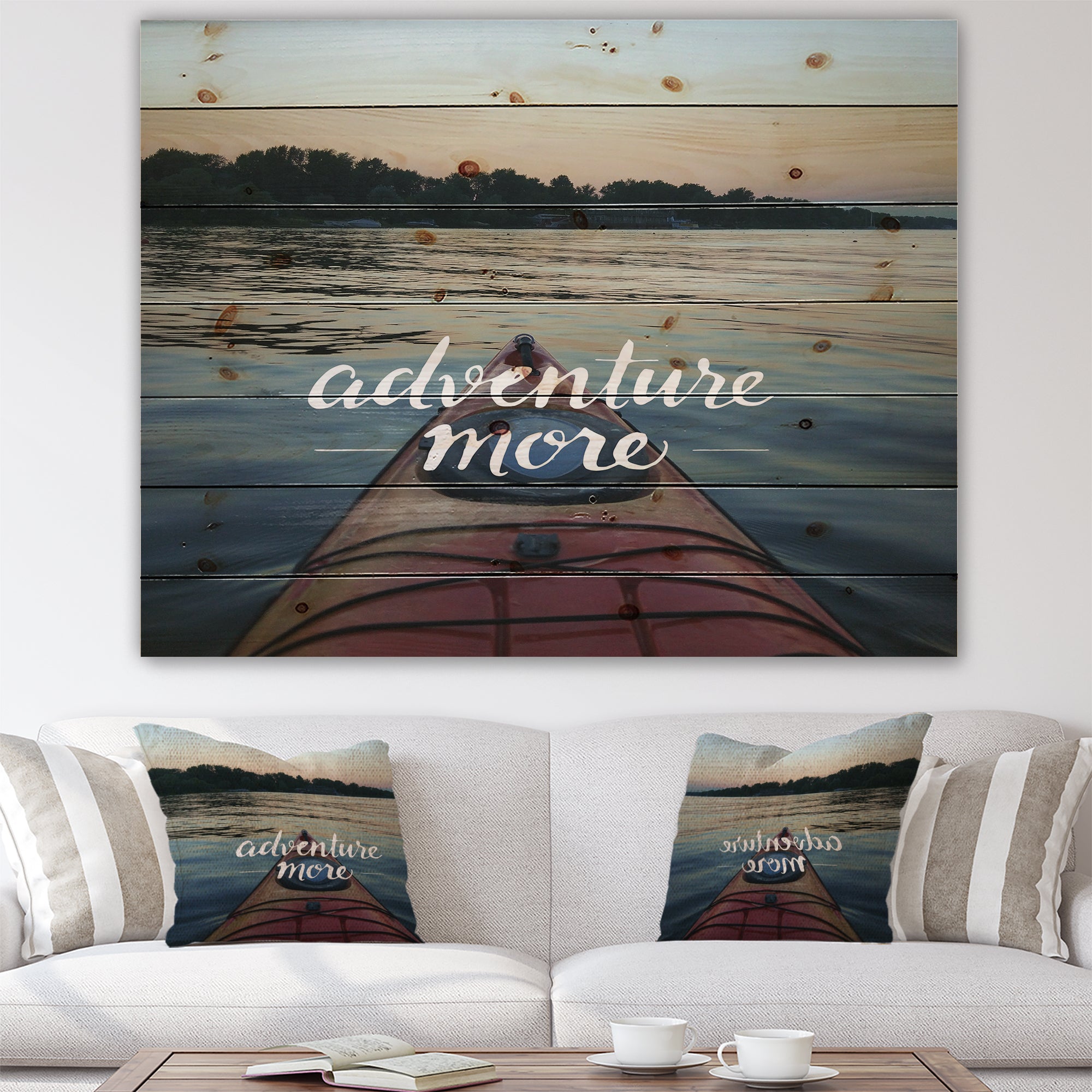 Adventure More Kayak View On River - Nautical & Coastal Print on Natural Pine Wood