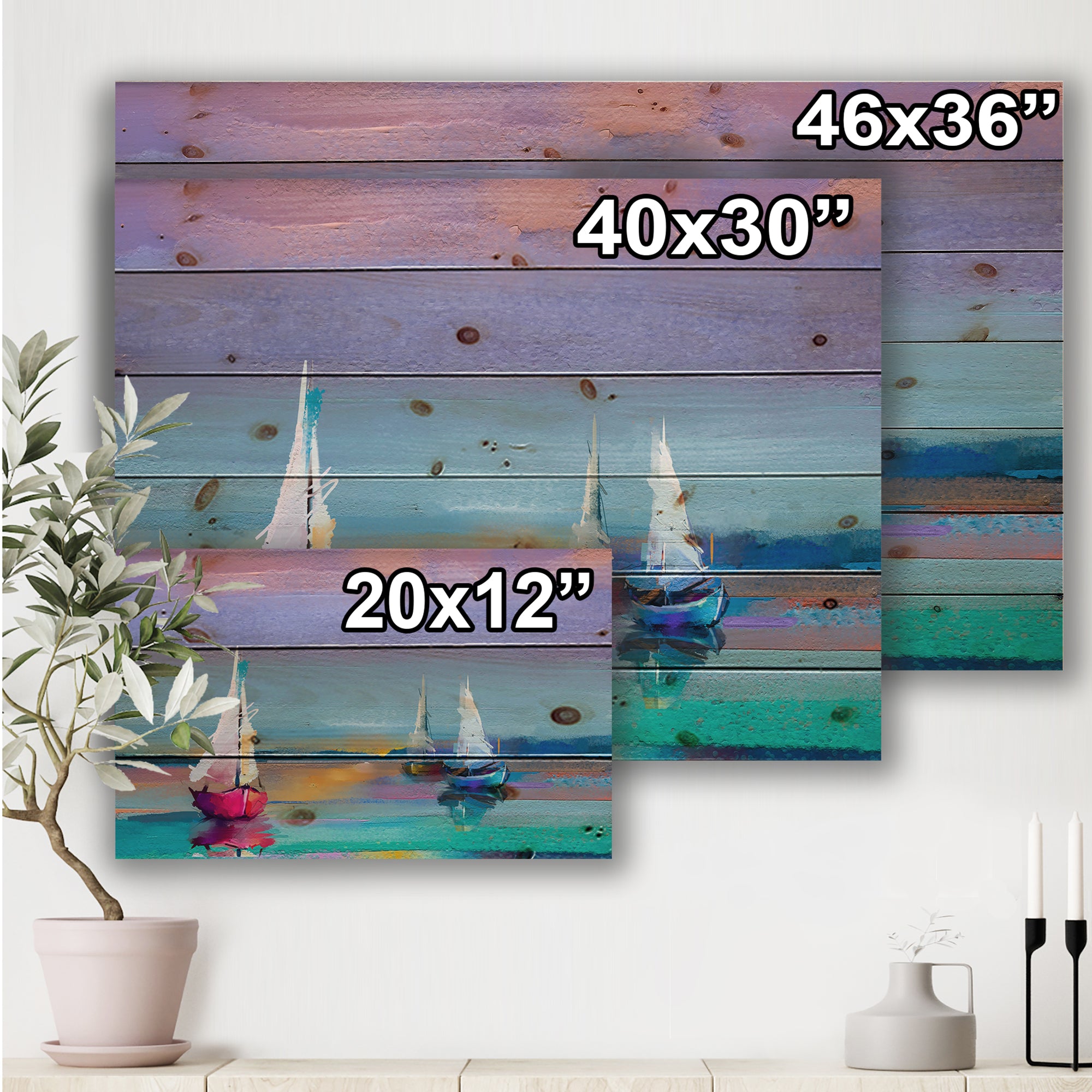 Impressionist Seascape With Little Ships I - Nautical & Coastal Print on Natural Pine Wood
