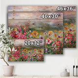 Multicolored Spring Flowers With Misty Background - Farmhouse Print on Natural Pine Wood