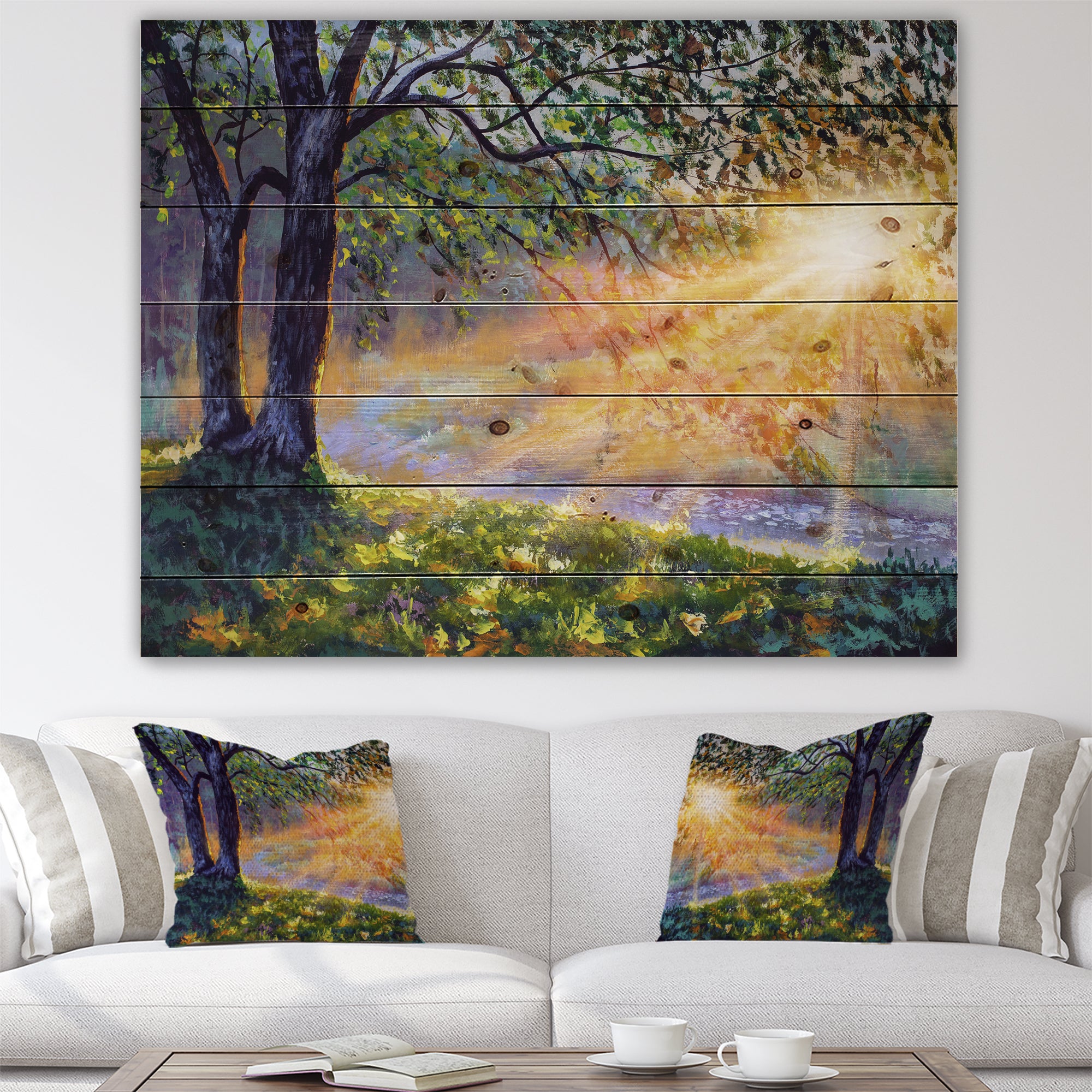 Dawn Sunshine Light By The River - Farmhouse Print on Natural Pine Wood
