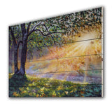 Dawn Sunshine Light By The River - Farmhouse Print on Natural Pine Wood