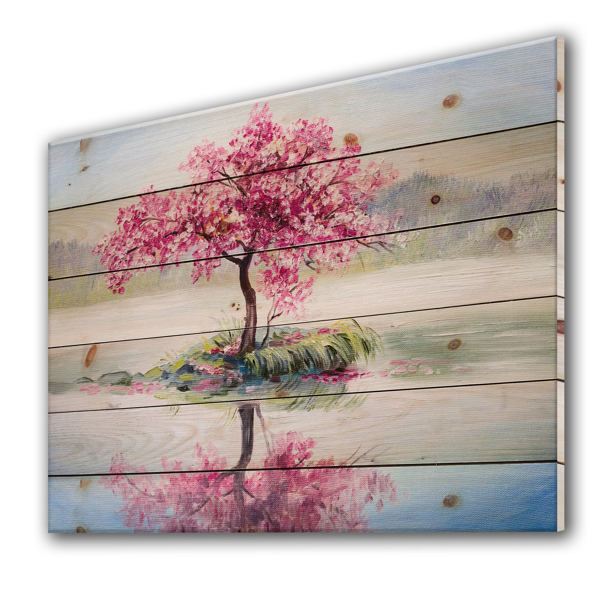 Japanese Cherry Blossom Tree On Little Idyllic IsLand - Farmhouse Print on Natural Pine Wood