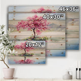 Japanese Cherry Blossom Tree On Little Idyllic IsLand - Farmhouse Print on Natural Pine Wood
