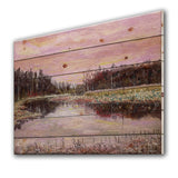 Still Life With Pink Sky River Reeds And Forest - Farmhouse Print on Natural Pine Wood