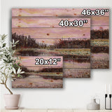 Still Life With Pink Sky River Reeds And Forest - Farmhouse Print on Natural Pine Wood