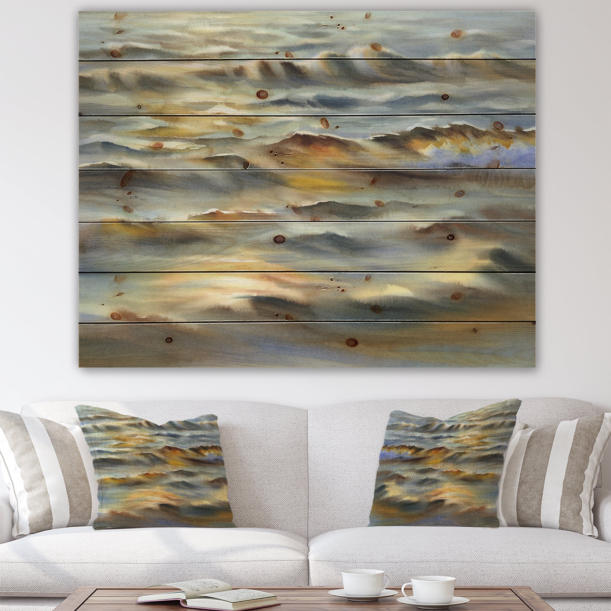 Sunlight Reflections Of Evening Time Waves - Lakehouse Print on Natural Pine Wood