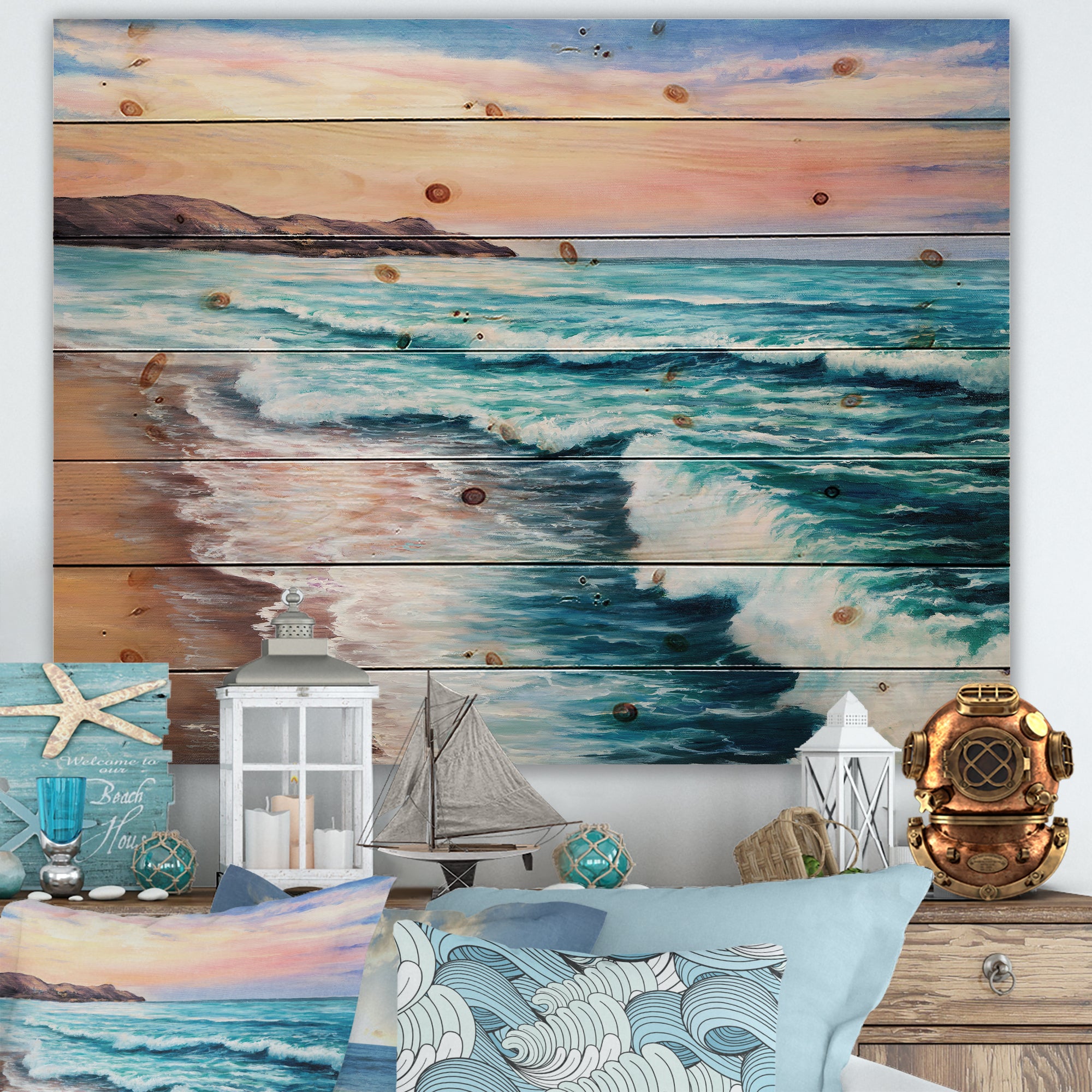 Pastel Purple Sunset Over Incoming Ocean II - Nautical & Coastal Print on Natural Pine Wood