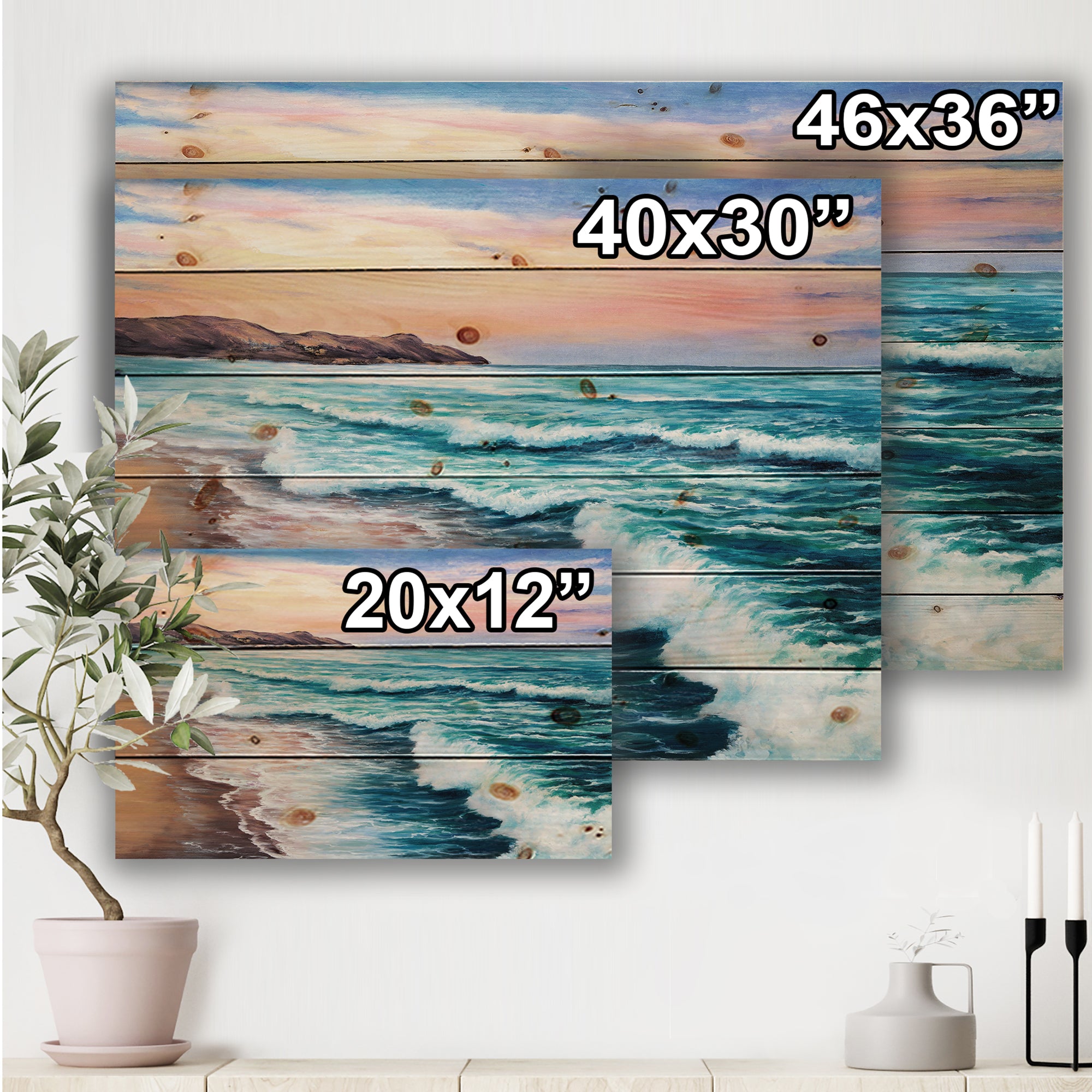 Pastel Purple Sunset Over Incoming Ocean II - Nautical & Coastal Print on Natural Pine Wood