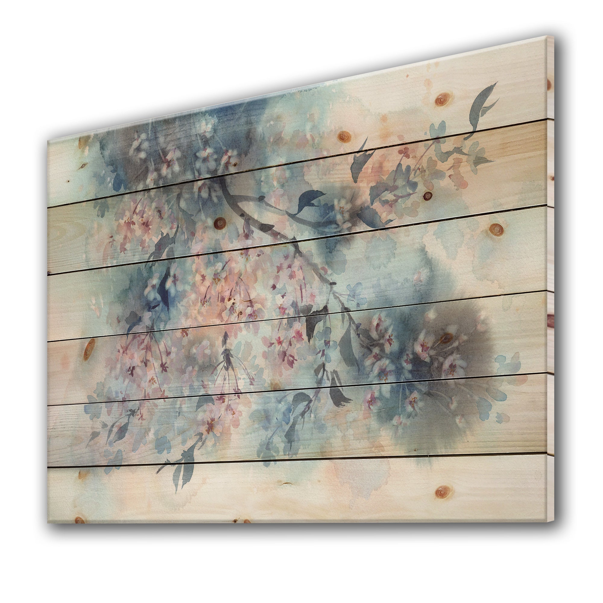 White Sakura Flower Blossom On Pastel Blue Background - Farmhouse Print on Natural Pine Wood