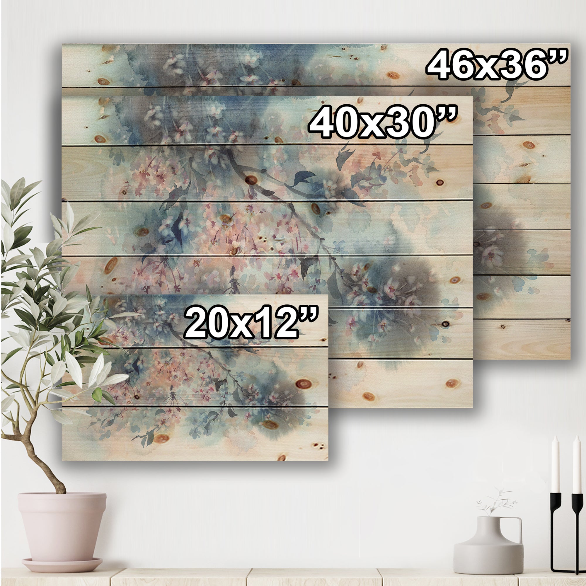 White Sakura Flower Blossom On Pastel Blue Background - Farmhouse Print on Natural Pine Wood