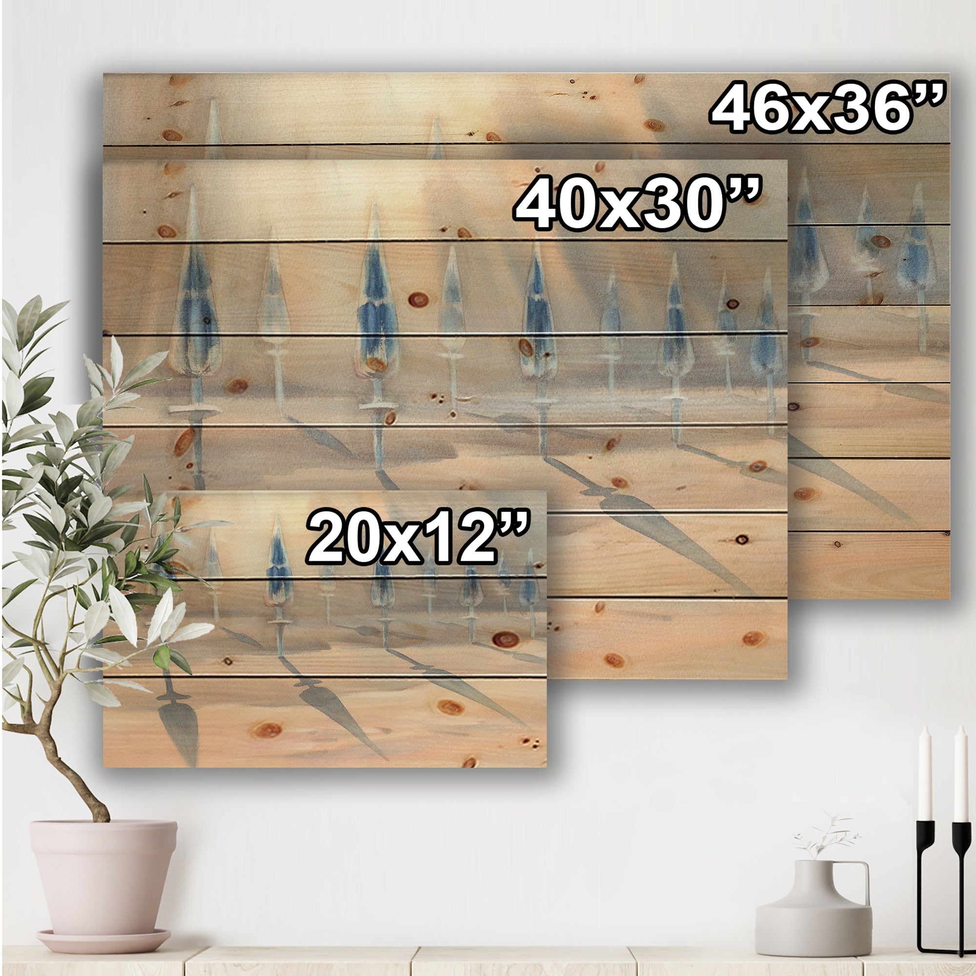 Sunny Sand With Closed Blue Beach Umbrellas - Lake House Print on Natural Pine Wood