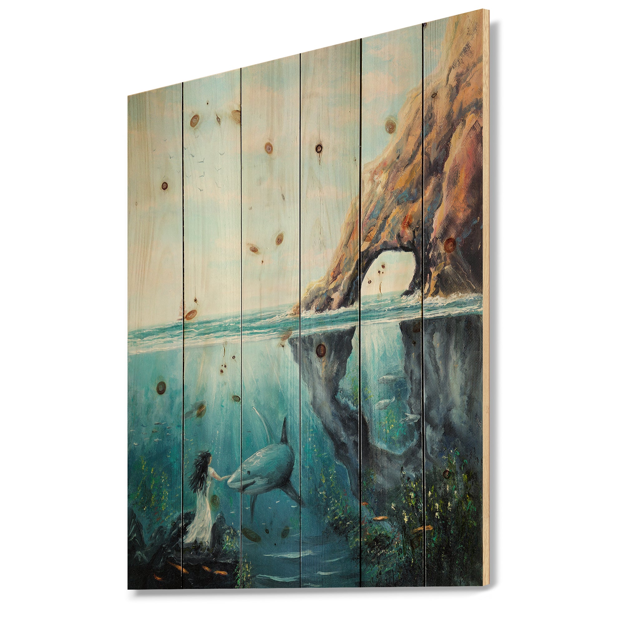 Underwater Fairy And Shark Ocean And MountaIn World - Nautical & Coastal Print on Natural Pine Wood