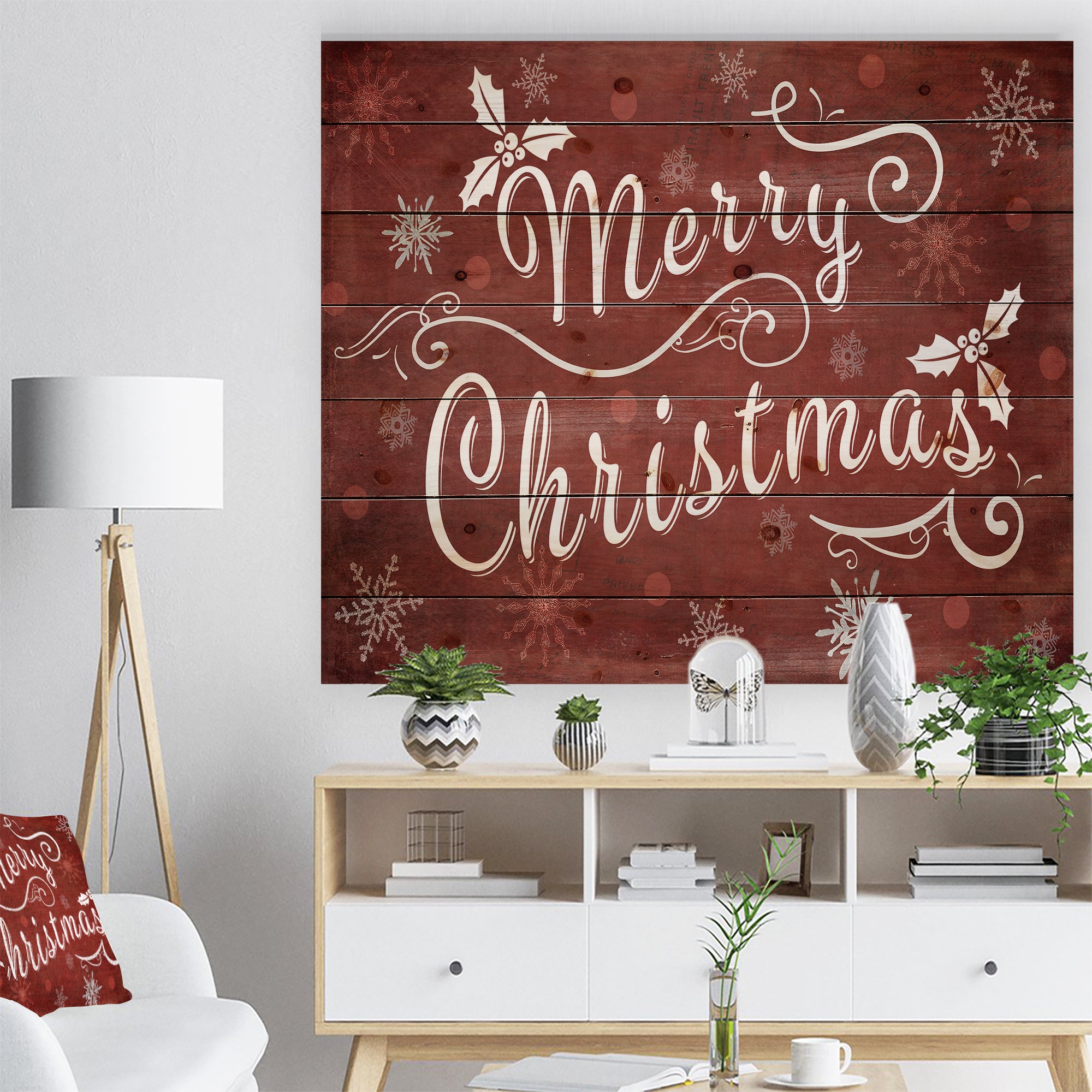 Merry Christmas Season Greetings on Red - Print on Natural Pine Wood - 20x15