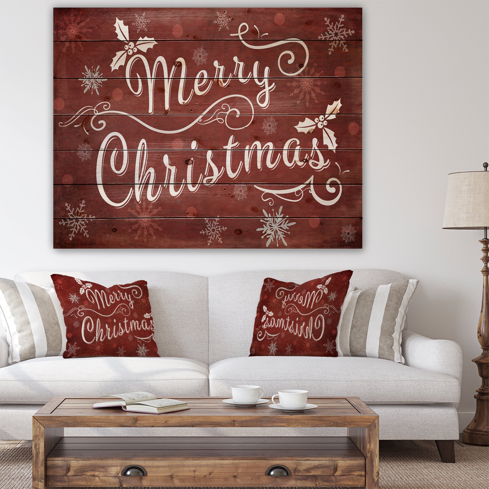 Merry Christmas Season Greetings on Red - Print on Natural Pine Wood - 20x15