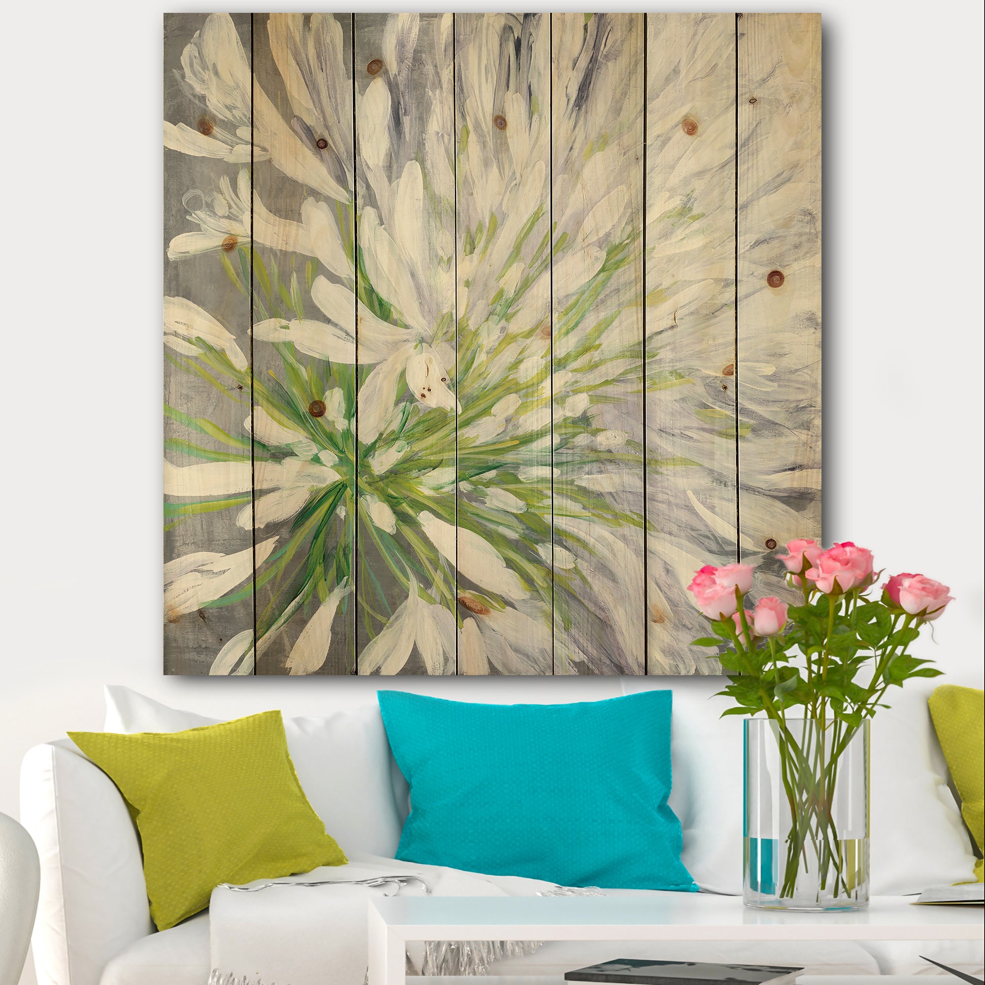 Flower Cleome Splash II - Traditional Floral Print on Natural Pine Wood - 16x16