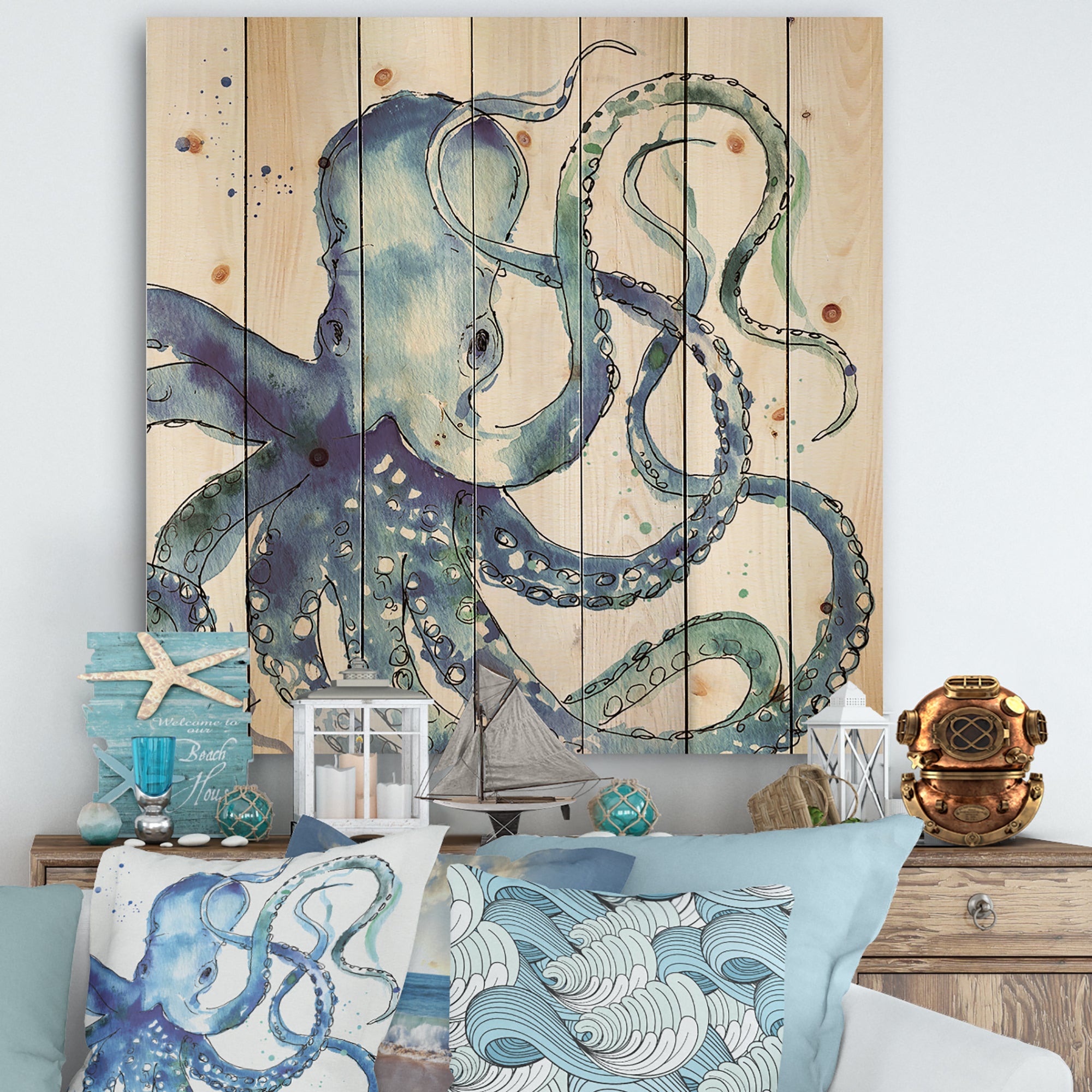 Blue Deep Sea VIII - Coastal Print on Natural Pine Wood - 16x16