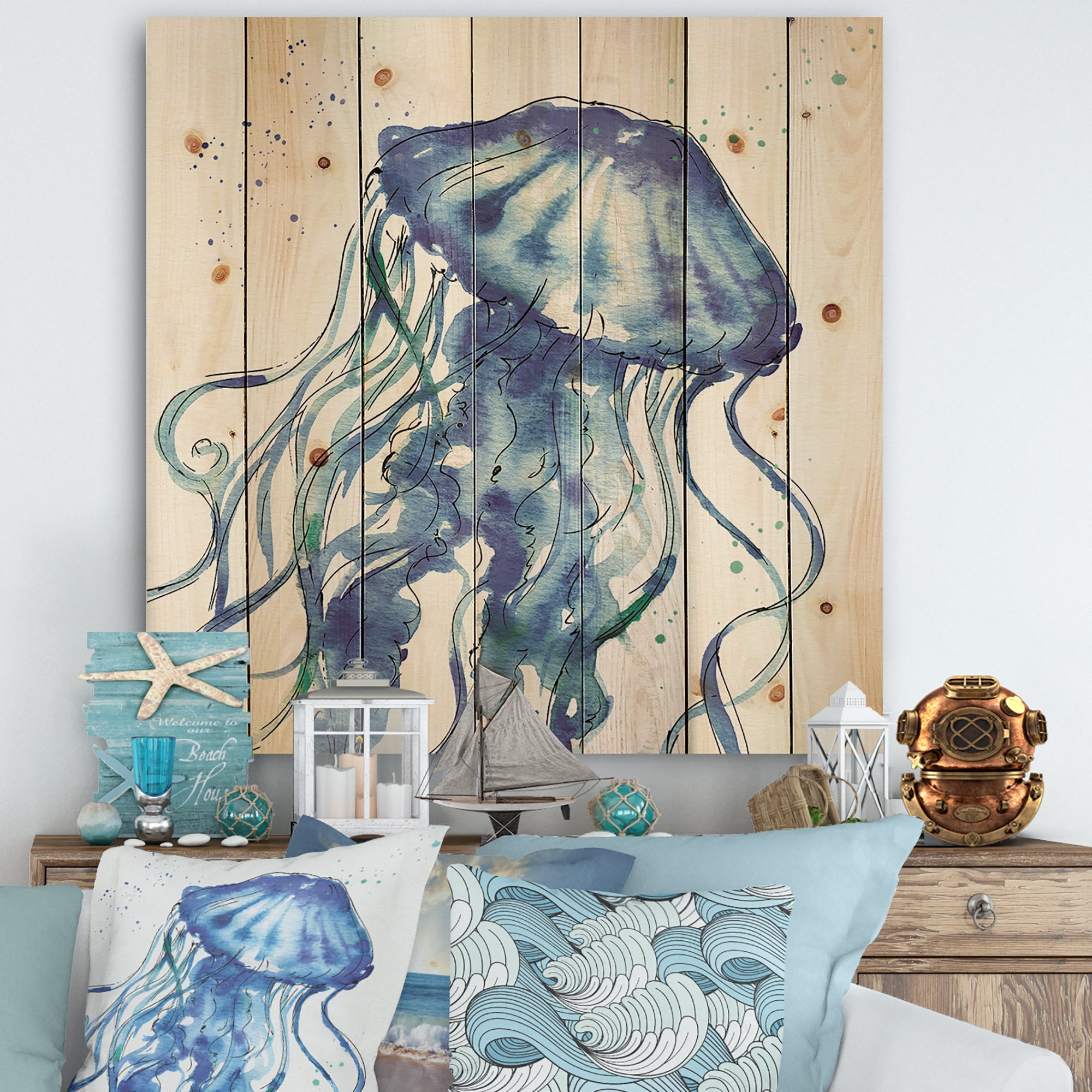 Blue Deep Sea X - Coastal Print on Natural Pine Wood - 16x16