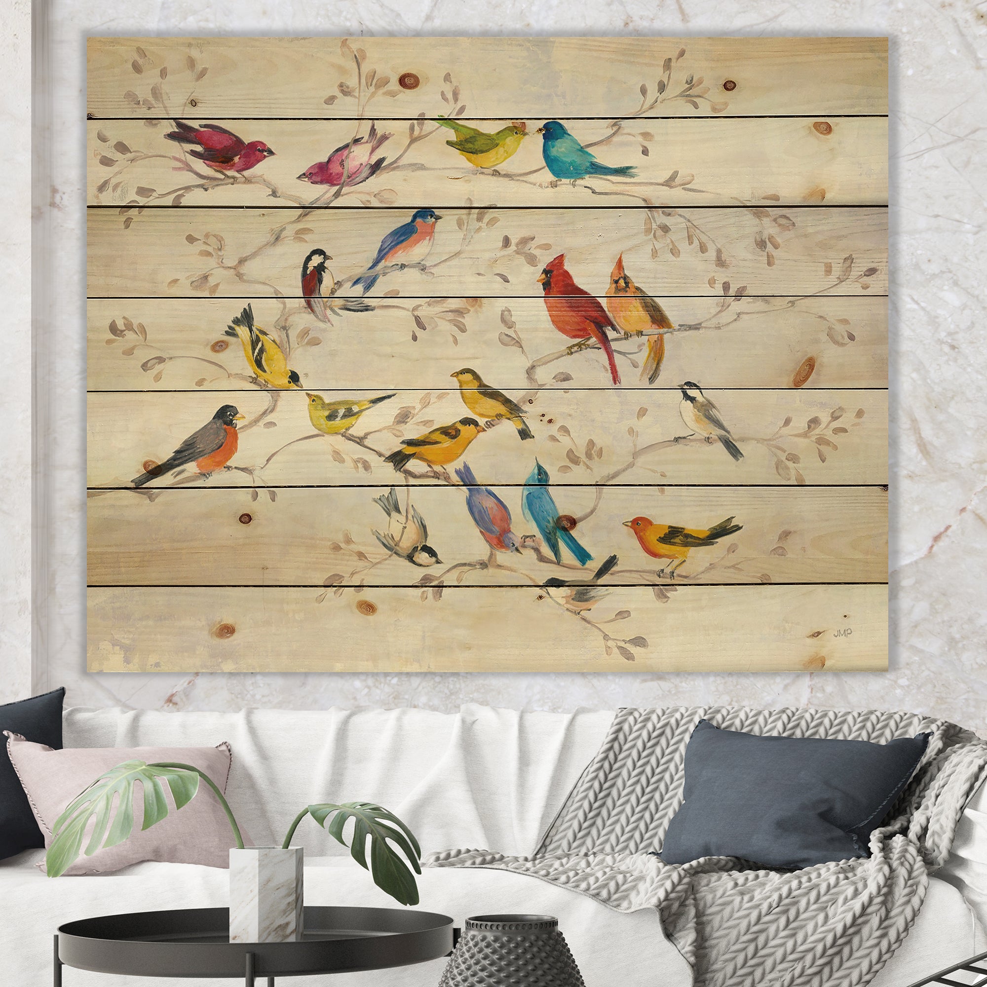 Multi-Color Bird on Tree - Modern Farmhouse Print on Natural Pine Wood - 20x15