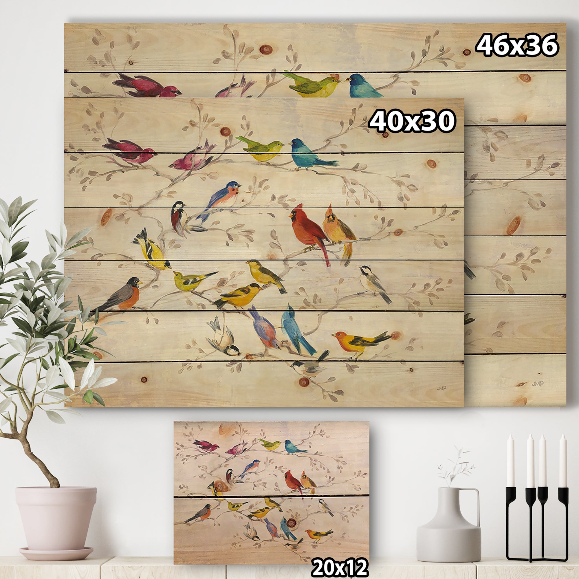 Multi-Color Bird on Tree - Modern Farmhouse Print on Natural Pine Wood - 20x15
