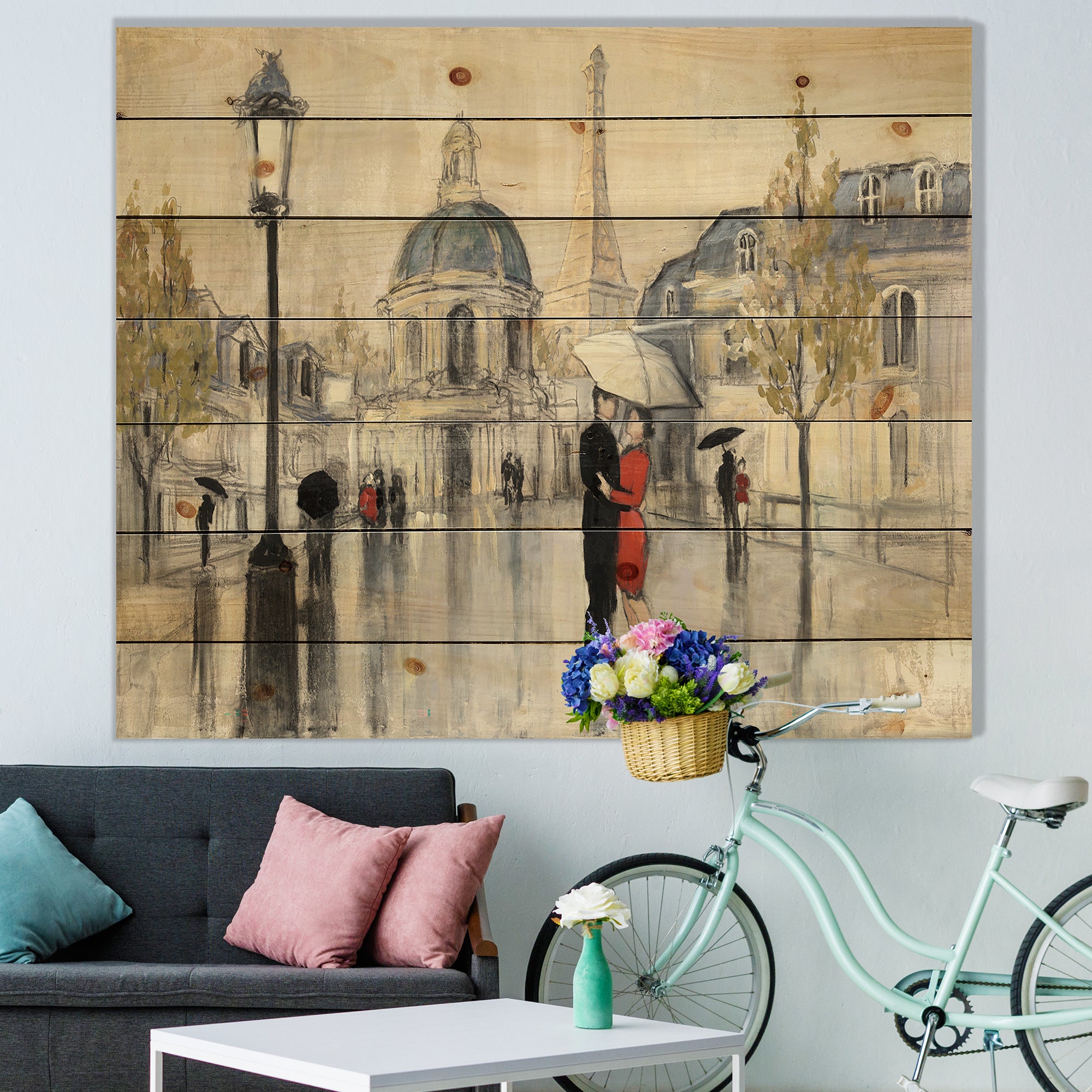 Love in Paris I - Romantic French Country  Print on Natural Pine Wood - 20x15