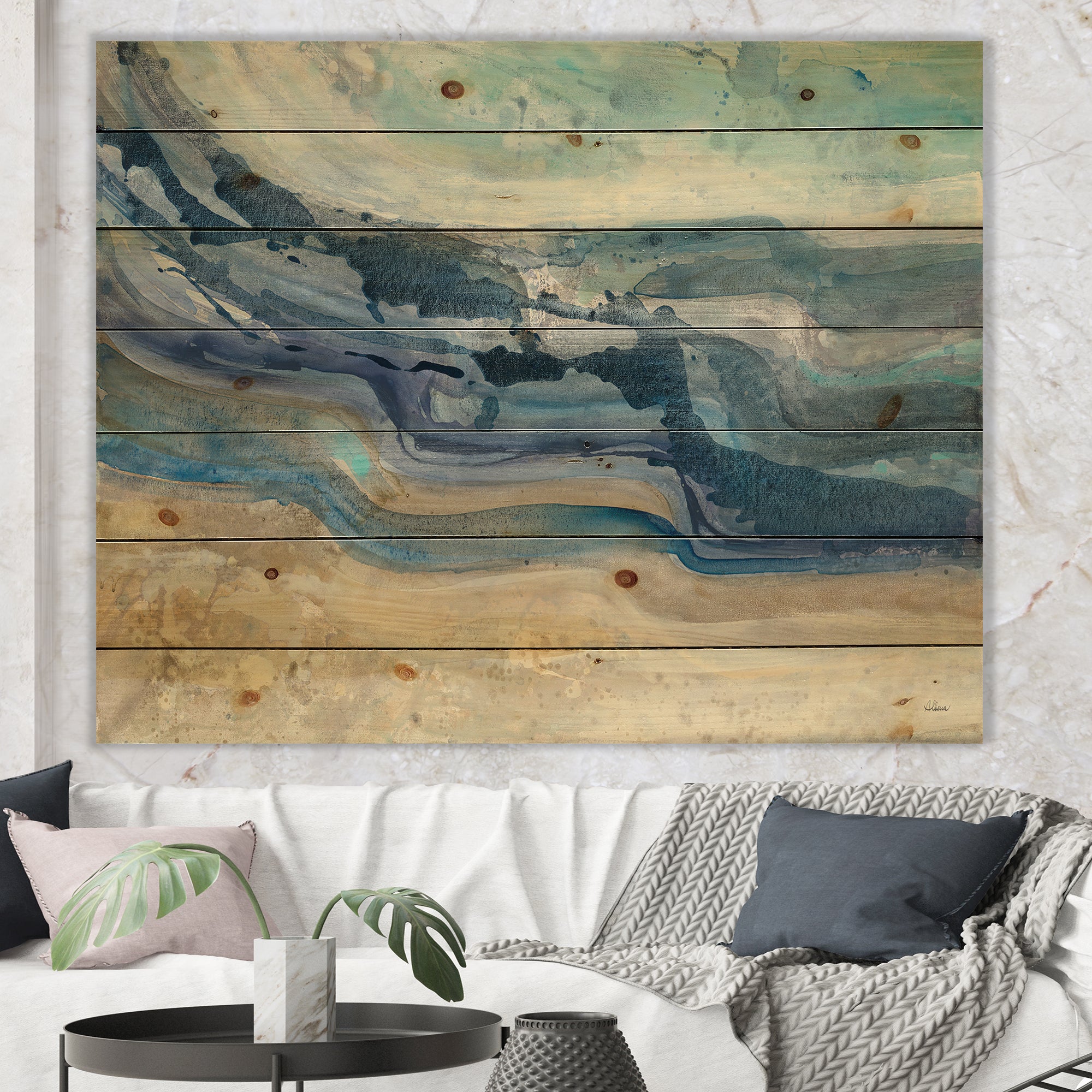 Coast Blue Sea Waves Watercolour - Modern Farmhouse Print on Natural Pine Wood - 20x15