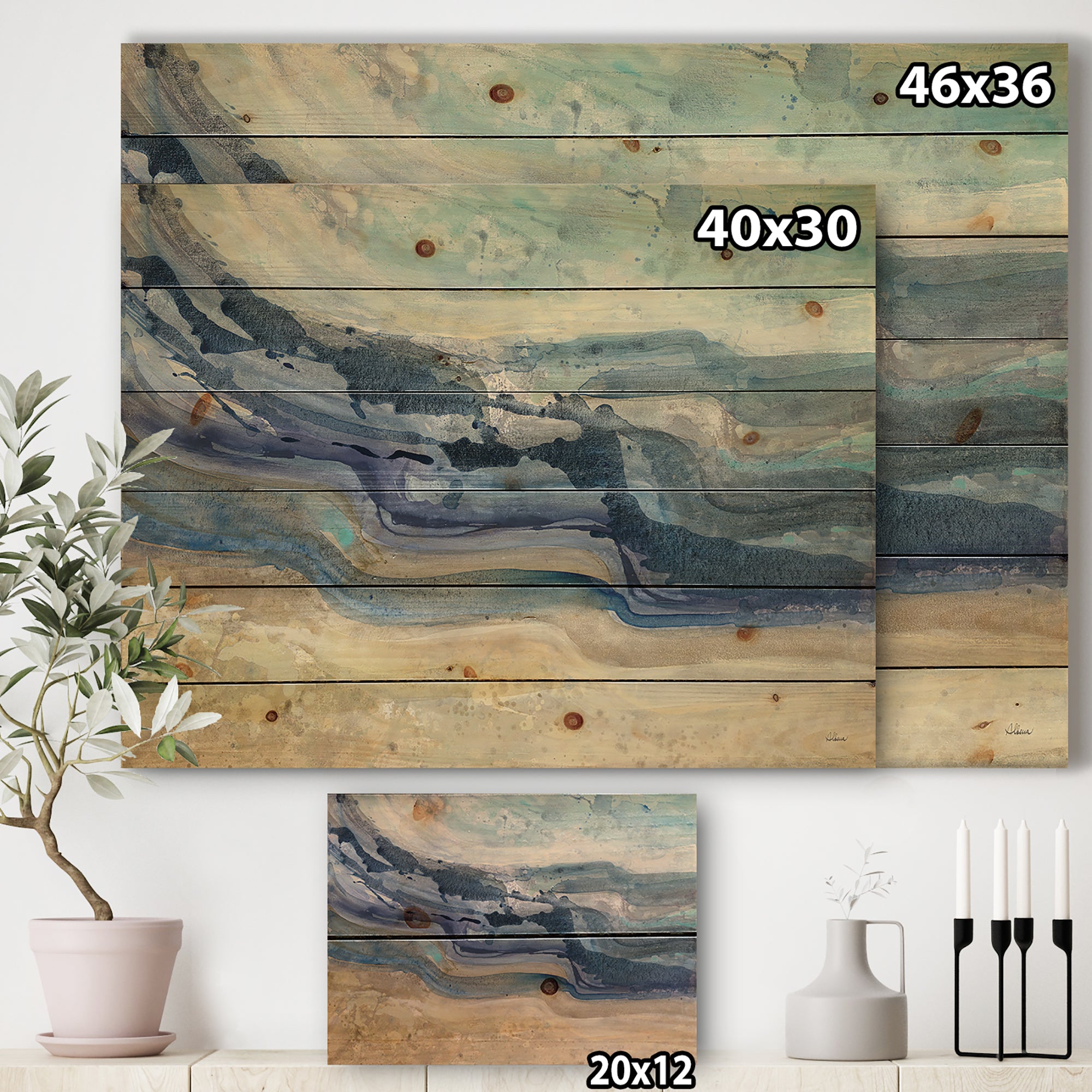 Coast Blue Sea Waves Watercolour - Modern Farmhouse Print on Natural Pine Wood - 20x15
