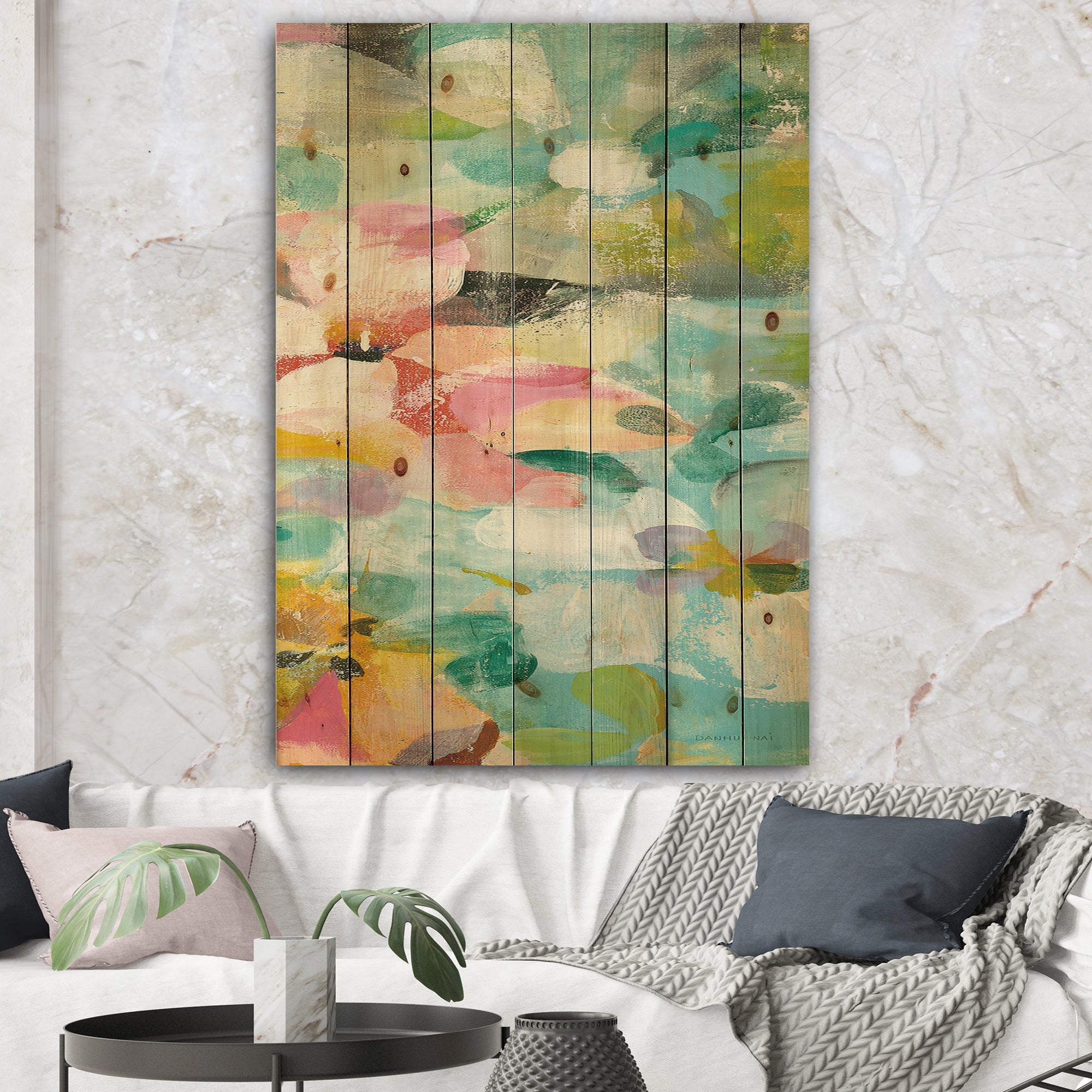 Abstract Flowers in Blue and Pink - Cabin & Lodge Print on Natural Pine Wood
