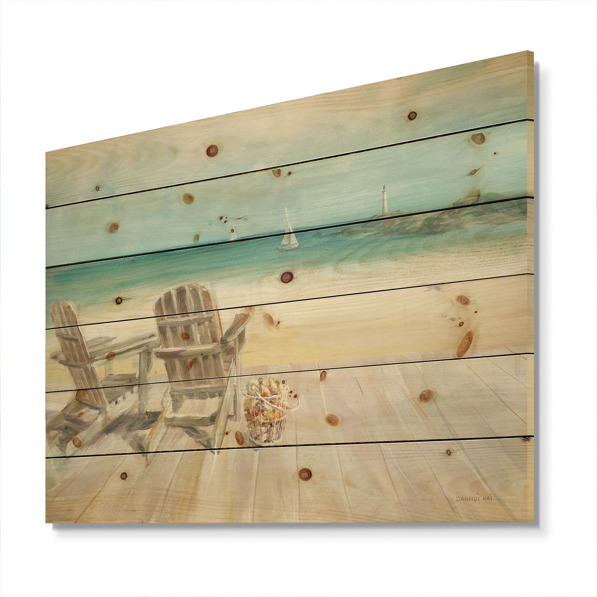 Seaside Morning no Window - Coastal Print on Natural Pine Wood - 20x15